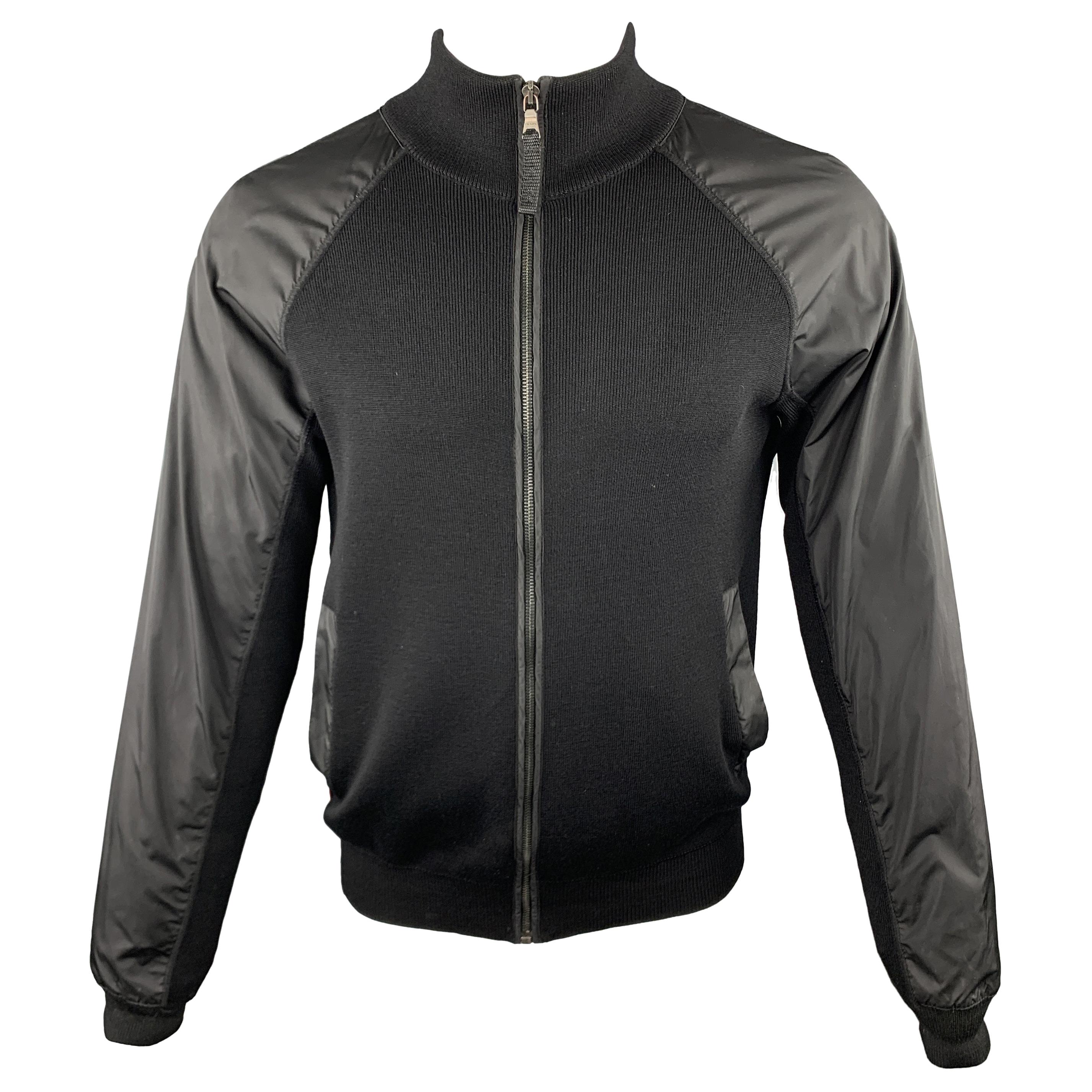 PRADA Size S Black Wool Knit Nylon Panel Zip Up Jacket