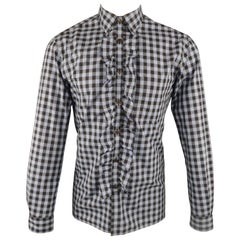 PRADA Size S Blue & Black Gingham Cotton Ruffle Front Long Sleeve Shirt