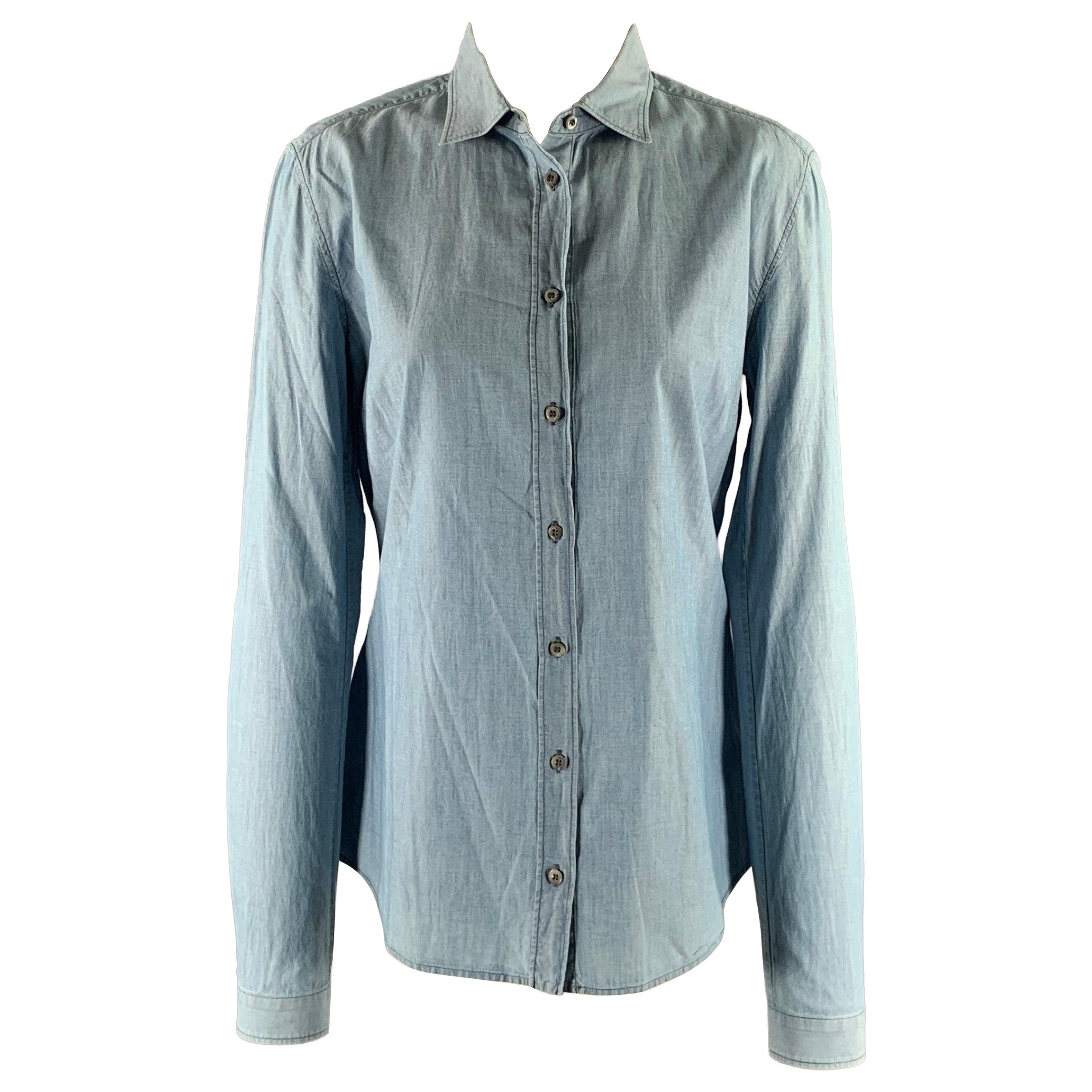 PRADA Size S Blue Linen Blend Spread Collar Shirt For Sale