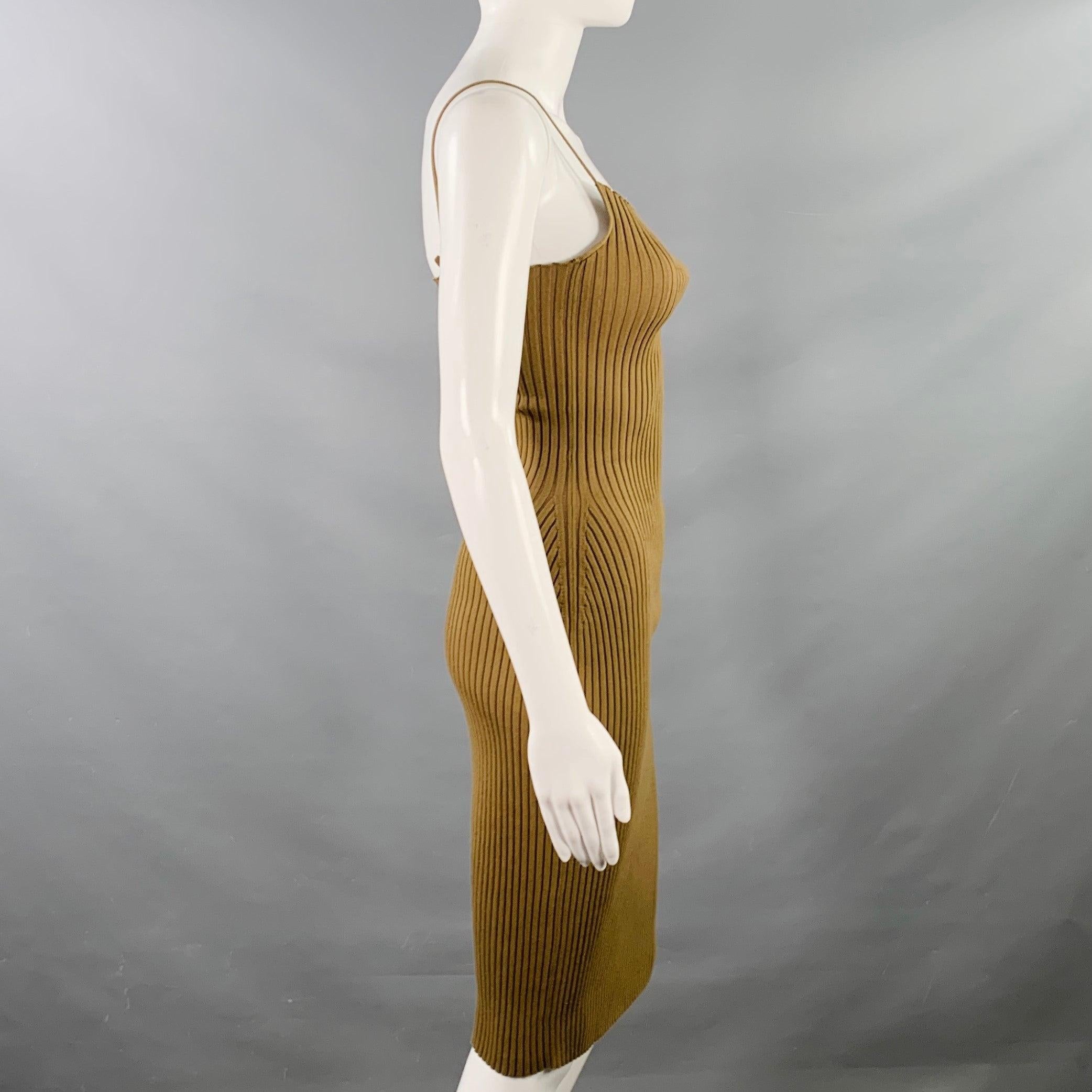 PRADA midi dress
in a brown cotton knit featuring a rib knit design and spaghetti straps. Made in Italy.Very Good Pre-Owned Condition. Minor hard-to-see marks on front, tags removed. 

Marked:   size not marked 

Measurements: 
 
Shoulder: 9.5