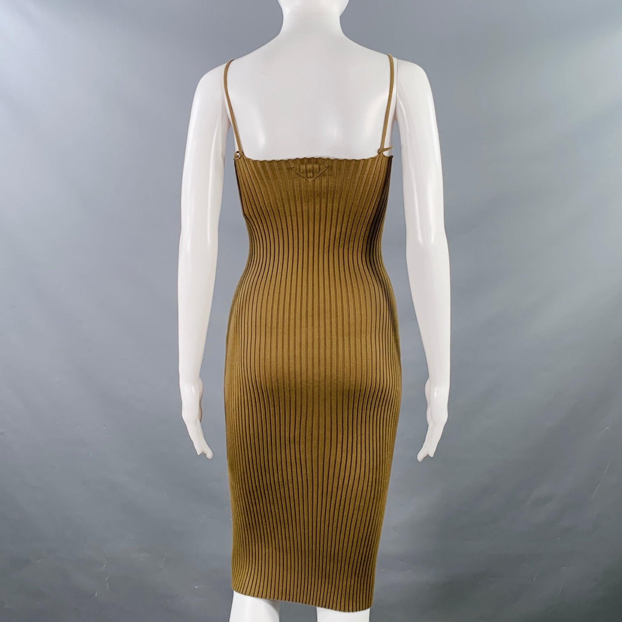 PRADA Size S Brown Cotton Rib Knit Spaghetti Straps Knee Length Dress In Good Condition For Sale In San Francisco, CA