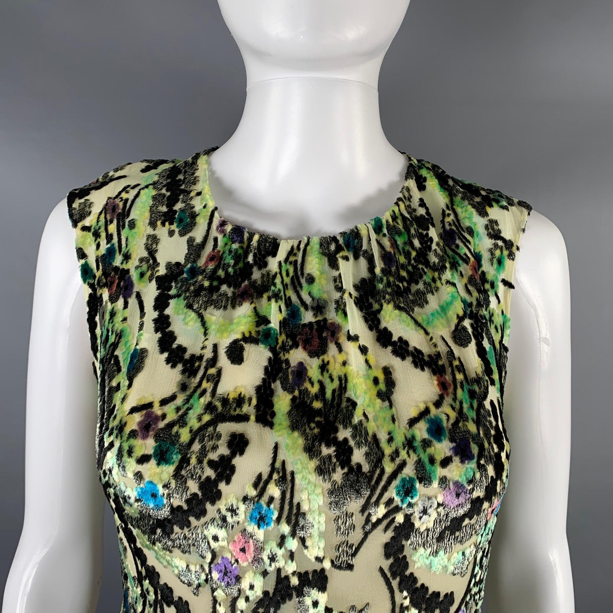 PRADA dress comes in a green and multi-color floral woven material with a full slip liner featuring a sleeveless style, a-line, and a closure zip up closure. Made in Italy.  Very Good Pre-Owned Condition. 

Marked:   S 

Measurements: 
 
Shoulder: