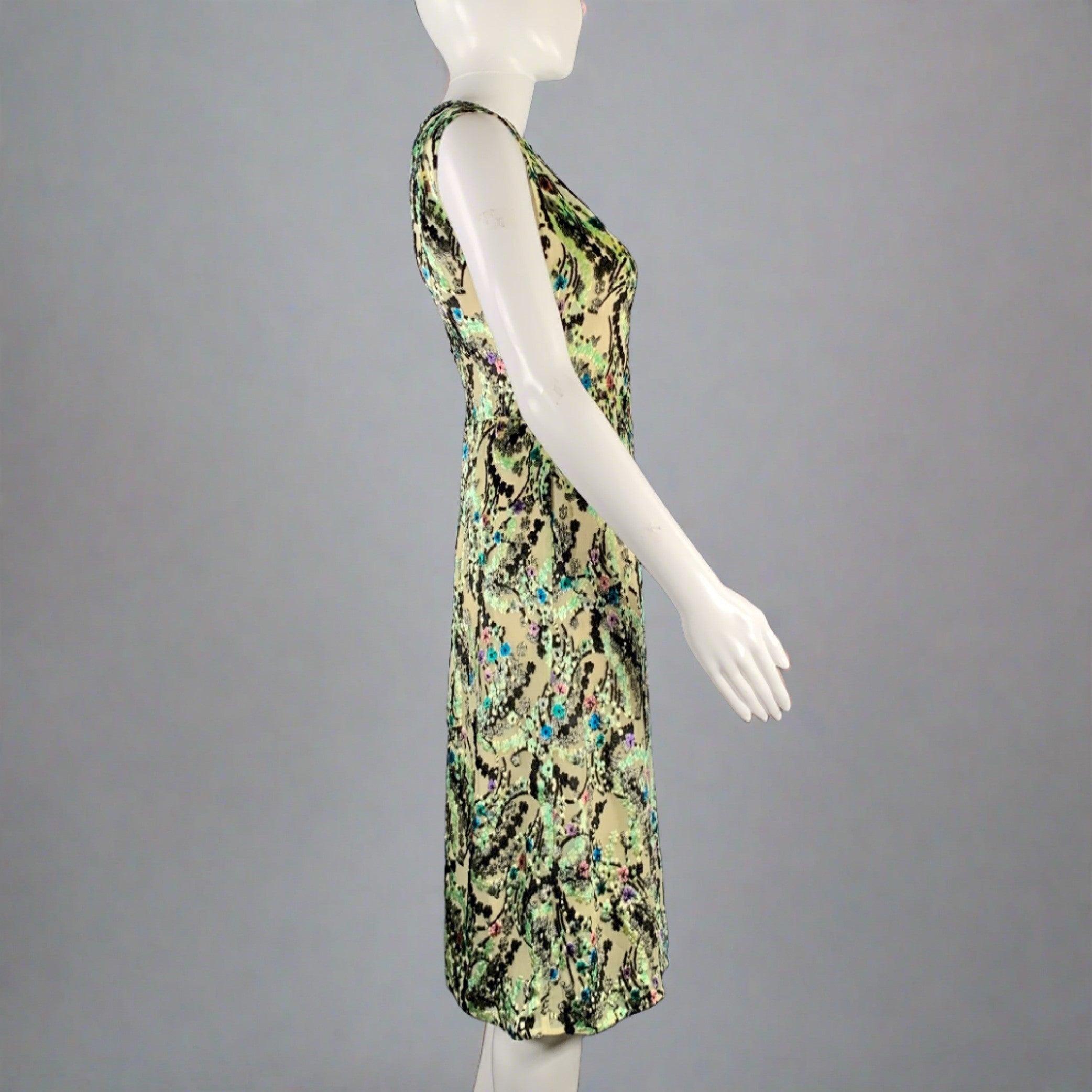 Gray PRADA Size S Green Multi Color Abstract  Floral Sleeveless Cocktail Dress