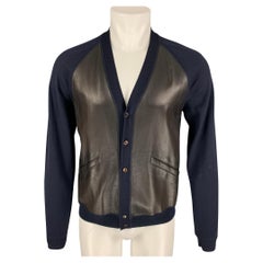 PRADA Size S Navy Brown Color Block Wool Leather V-Neck Cardigan