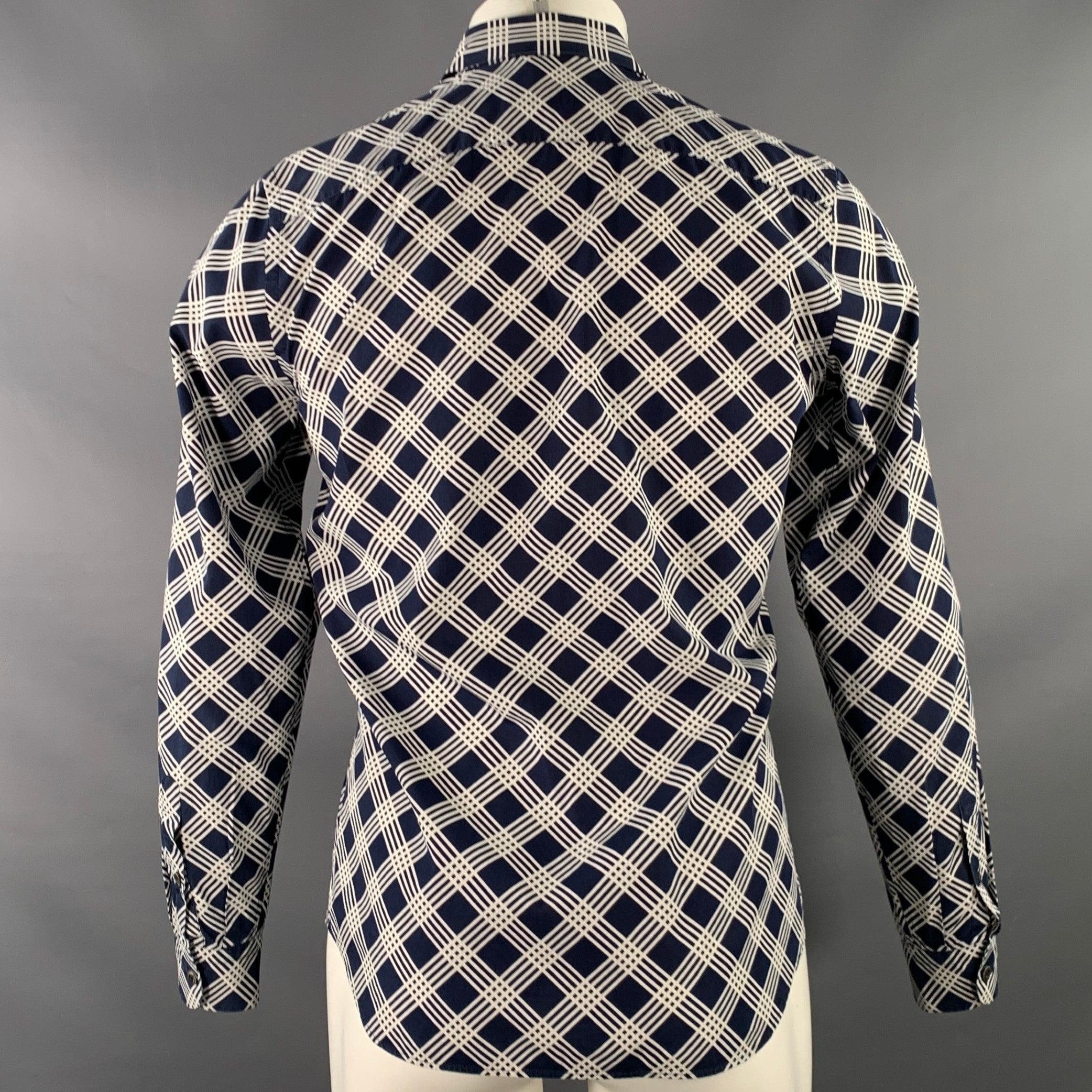 Black PRADA Size S Navy White Plaid Cotton Button Up Long Sleeve Shirt For Sale