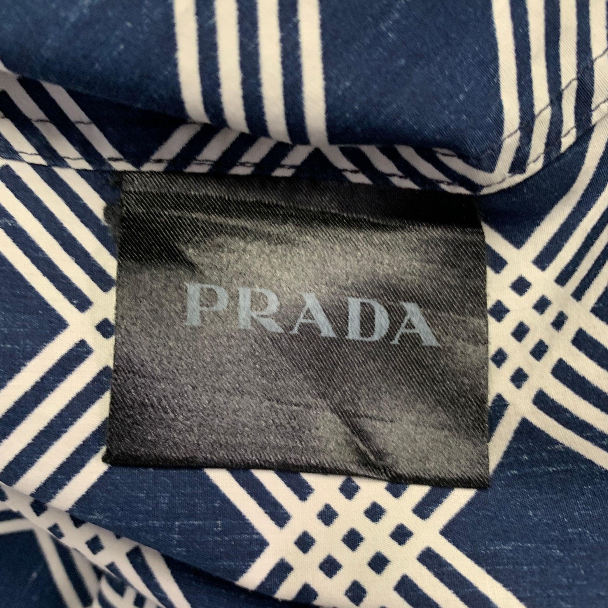 PRADA Size S Navy White Plaid Cotton Button Up Long Sleeve Shirt For Sale 1