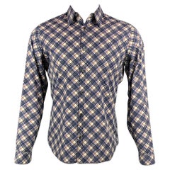 PRADA Size S Navy & White Plaid Cotton Button Up Long Sleeve Shirt