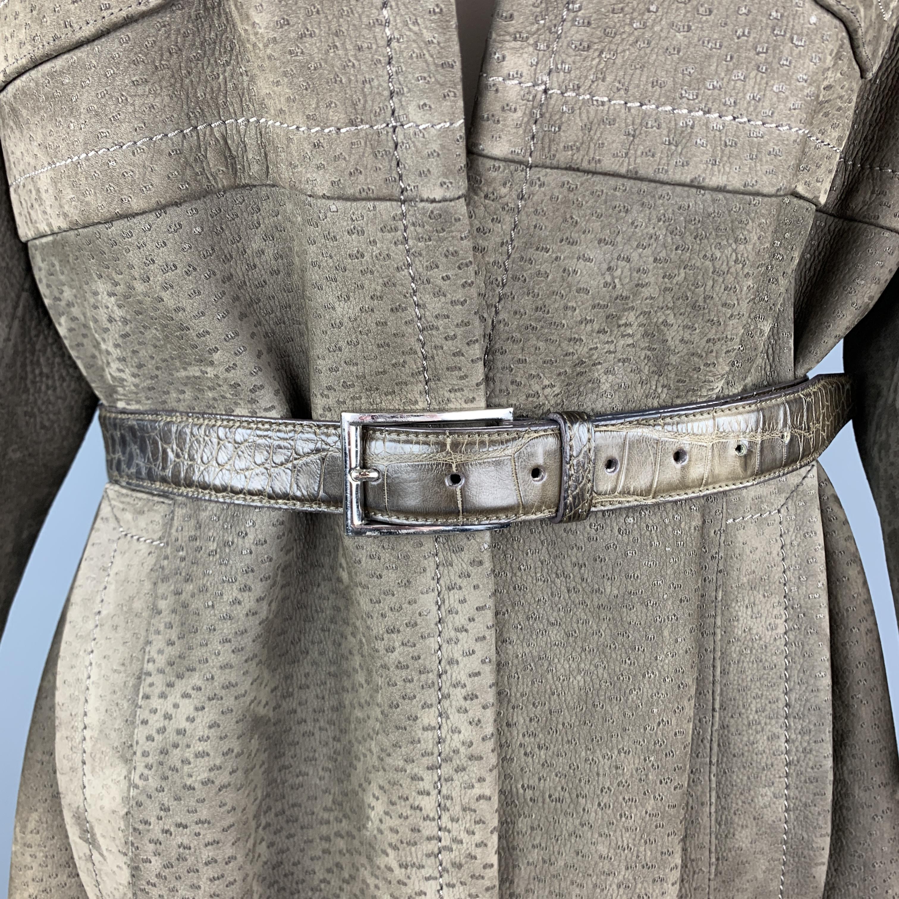 Brown PRADA Size S Olive Green Textured Sueded Leather Alligator Belt Military Coat