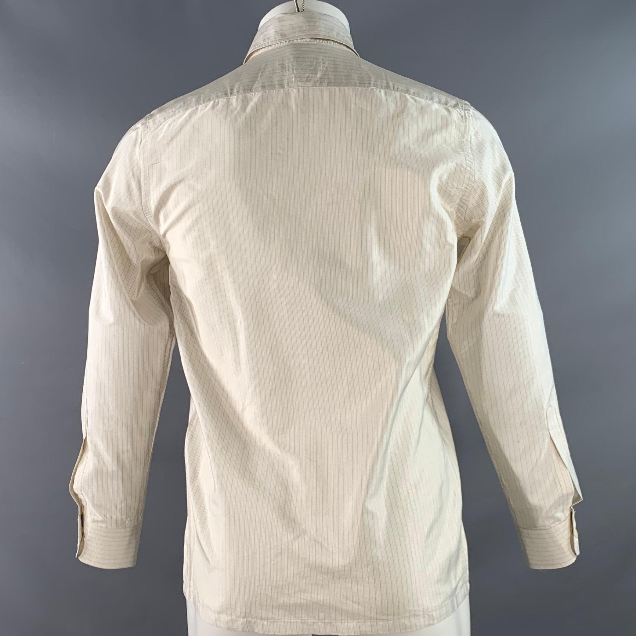 PRADA Size S White Beige Stripe Silk Curved Cutaway One Pocket Long Sleeve Shirt (Chemise à manches longues à rayures blanches et beige) Pour hommes en vente
