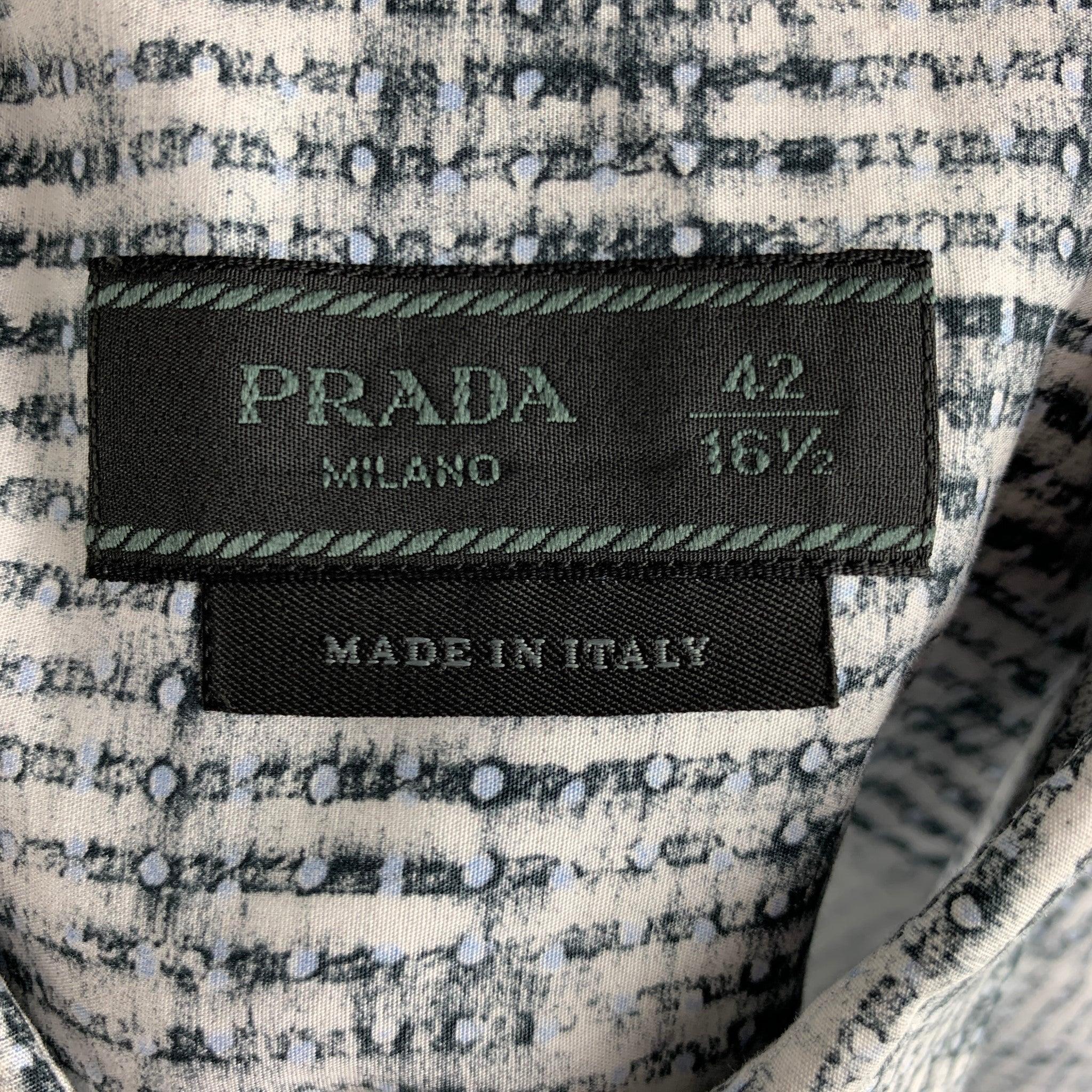 PRADA Size S White Grey Print Cotton Button Up Long Sleeve Shirt For Sale 1