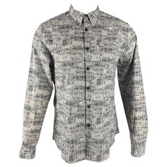 PRADA Size S White Grey Print Cotton Button Up Long Sleeve Shirt