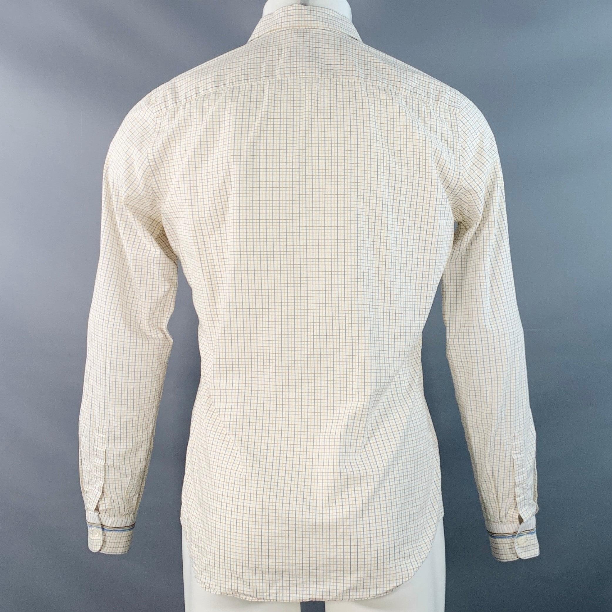 PRADA Talla S Camisa de manga larga de algodón a cuadros multicolor blanca con cuello de pico en Excelente estado para la venta en San Francisco, CA