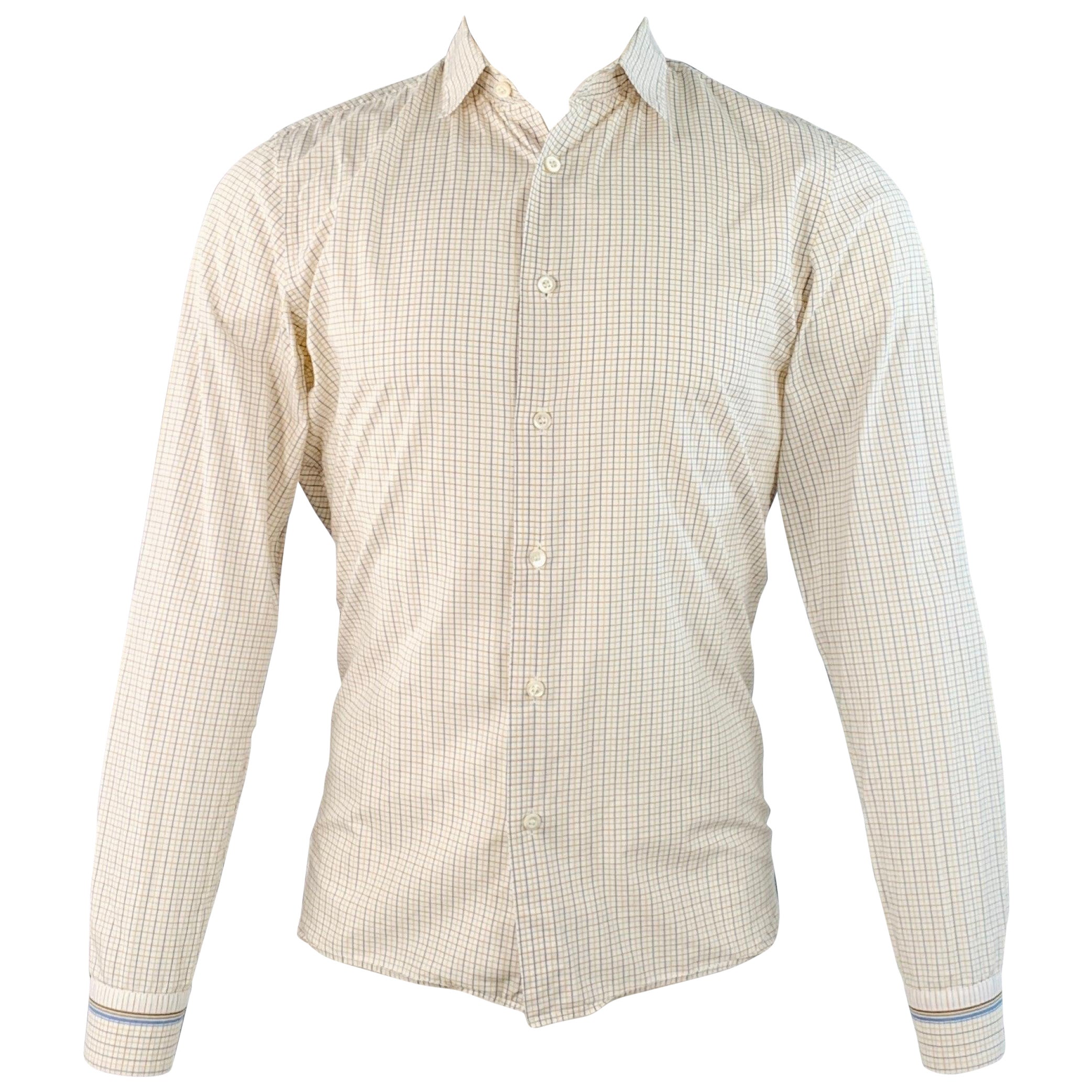 PRADA Talla S Camisa de manga larga de algodón a cuadros multicolor blanca con cuello de pico en venta