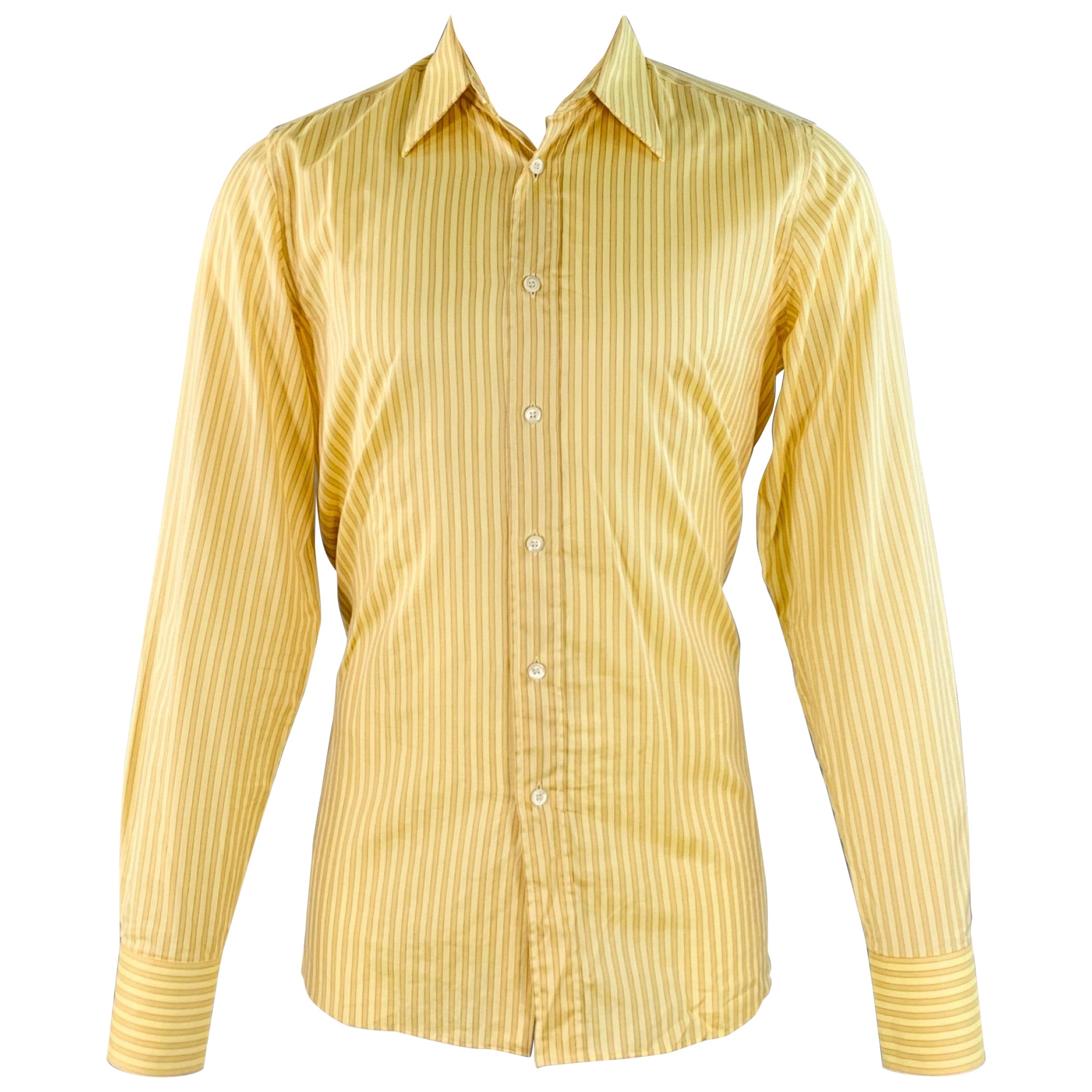 PRADA Taille S Chemise à manches longues en coton à rayures jaunes et moutarde