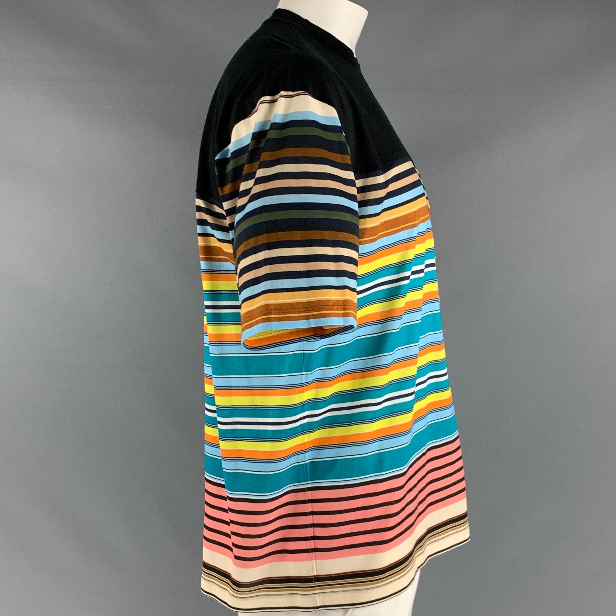 PRADA Size XL Black Multi-Color Stripe Cotton Crew-Neck T-shirt In Excellent Condition For Sale In San Francisco, CA