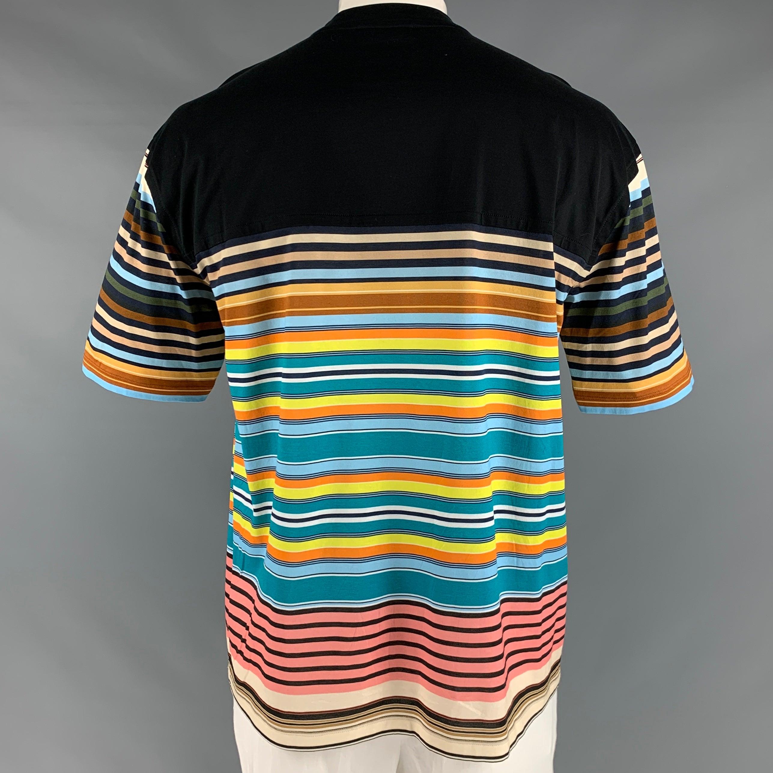 Men's PRADA Size XL Black Multi-Color Stripe Cotton Crew-Neck T-shirt For Sale