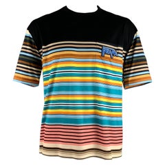 PRADA Size XL Black Multi-Color Stripe Cotton Crew Neck T-shirt