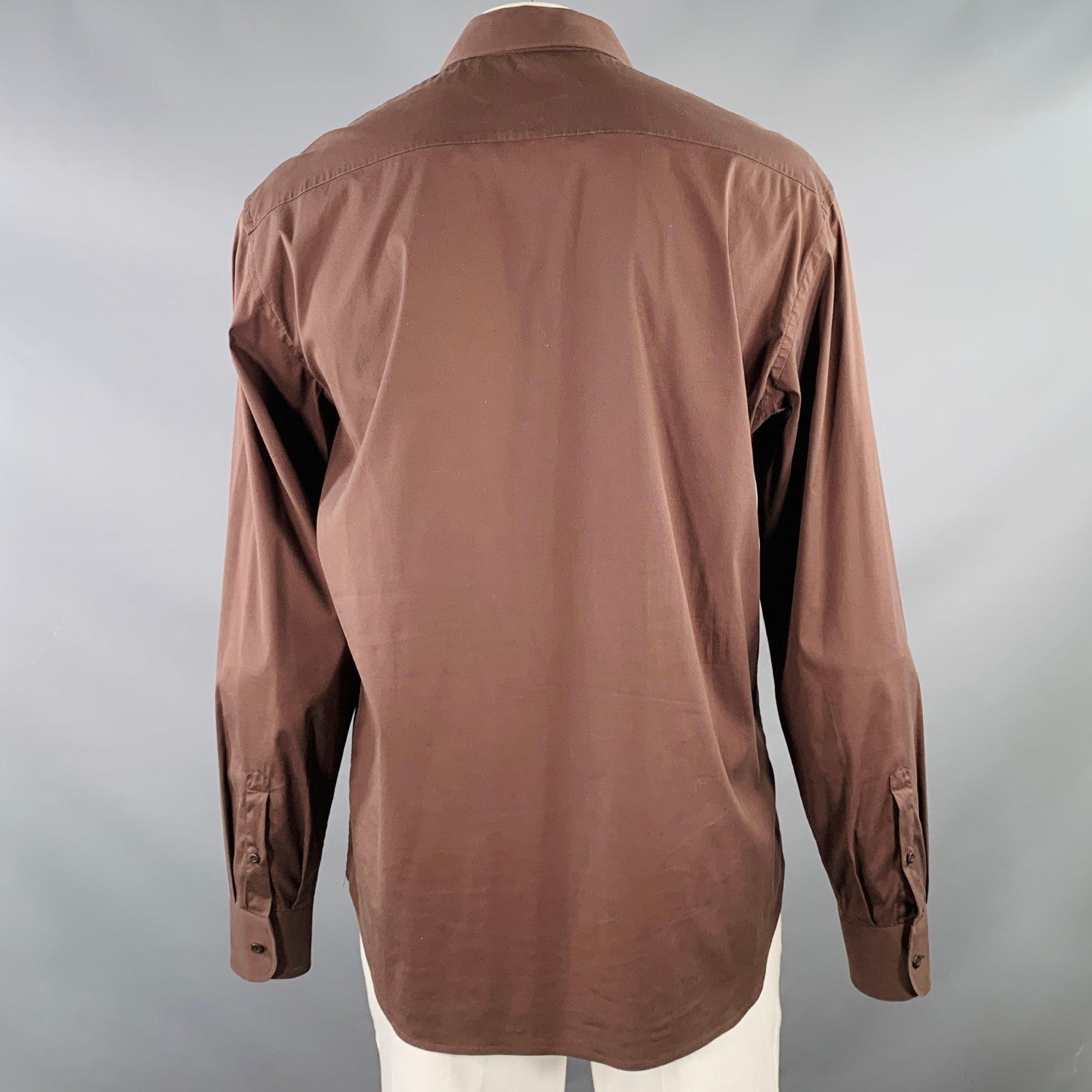 PRADA Size XL Brown Cotton Blend Spread Collar Long Sleeve Shirt In Excellent Condition For Sale In San Francisco, CA