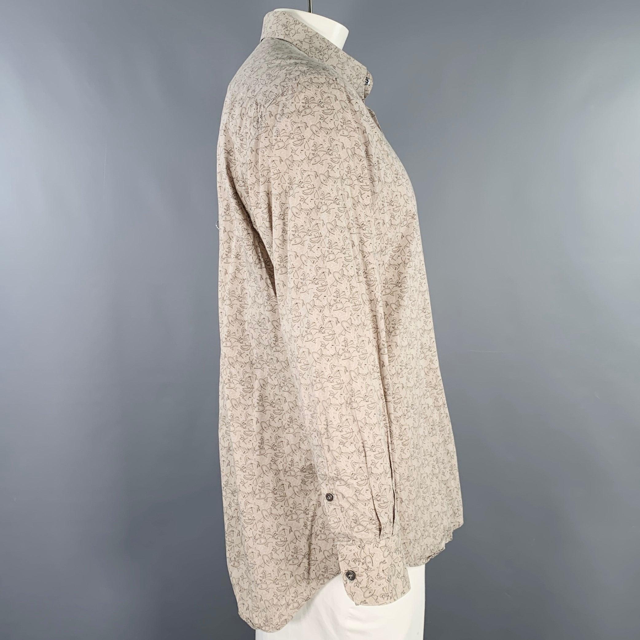 Beige PRADA Size XL Taupe Black Print Cotton Spread Collar Long Sleeve Shirt