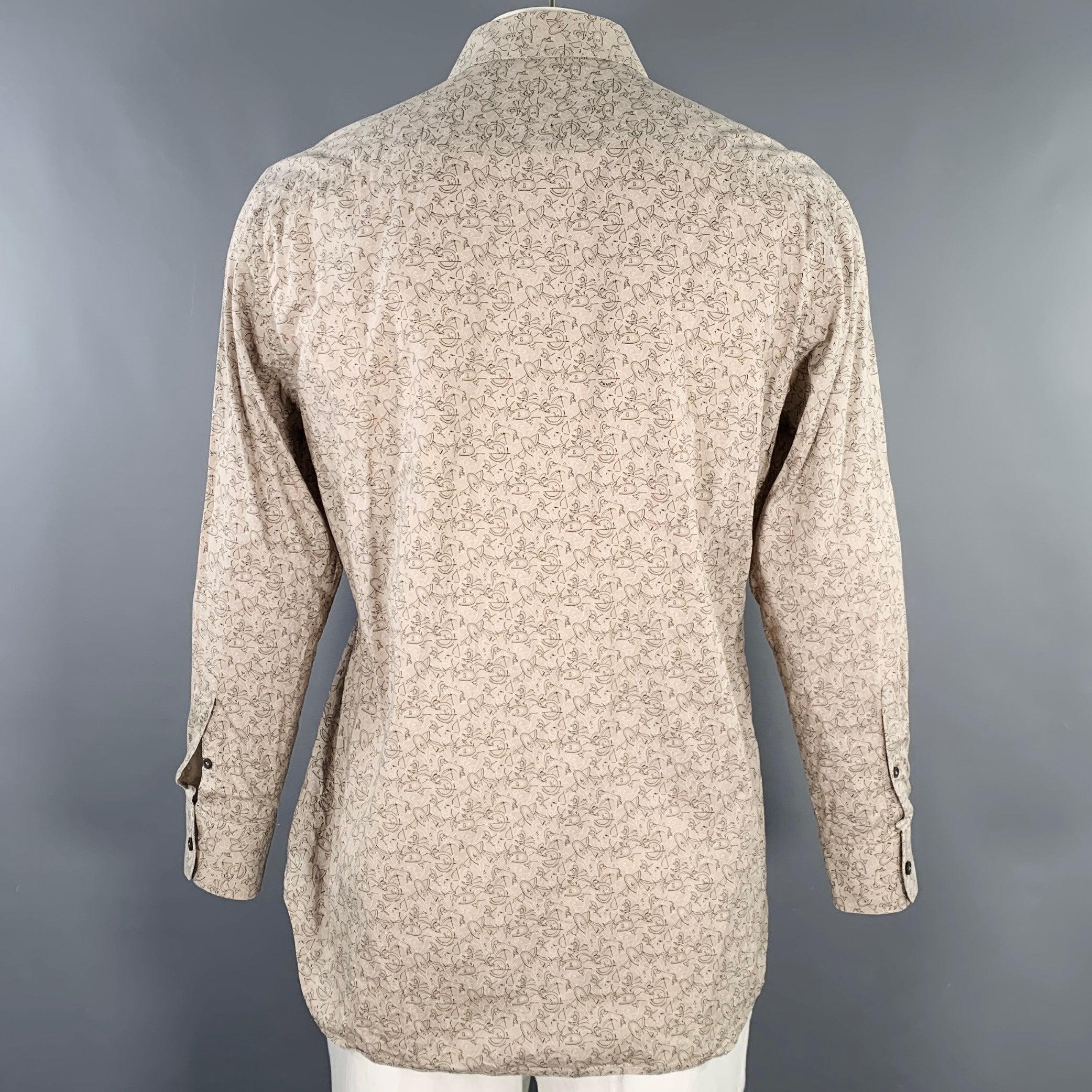 PRADA Size XL Taupe Black Print Cotton Spread Collar Long Sleeve Shirt In Excellent Condition In San Francisco, CA