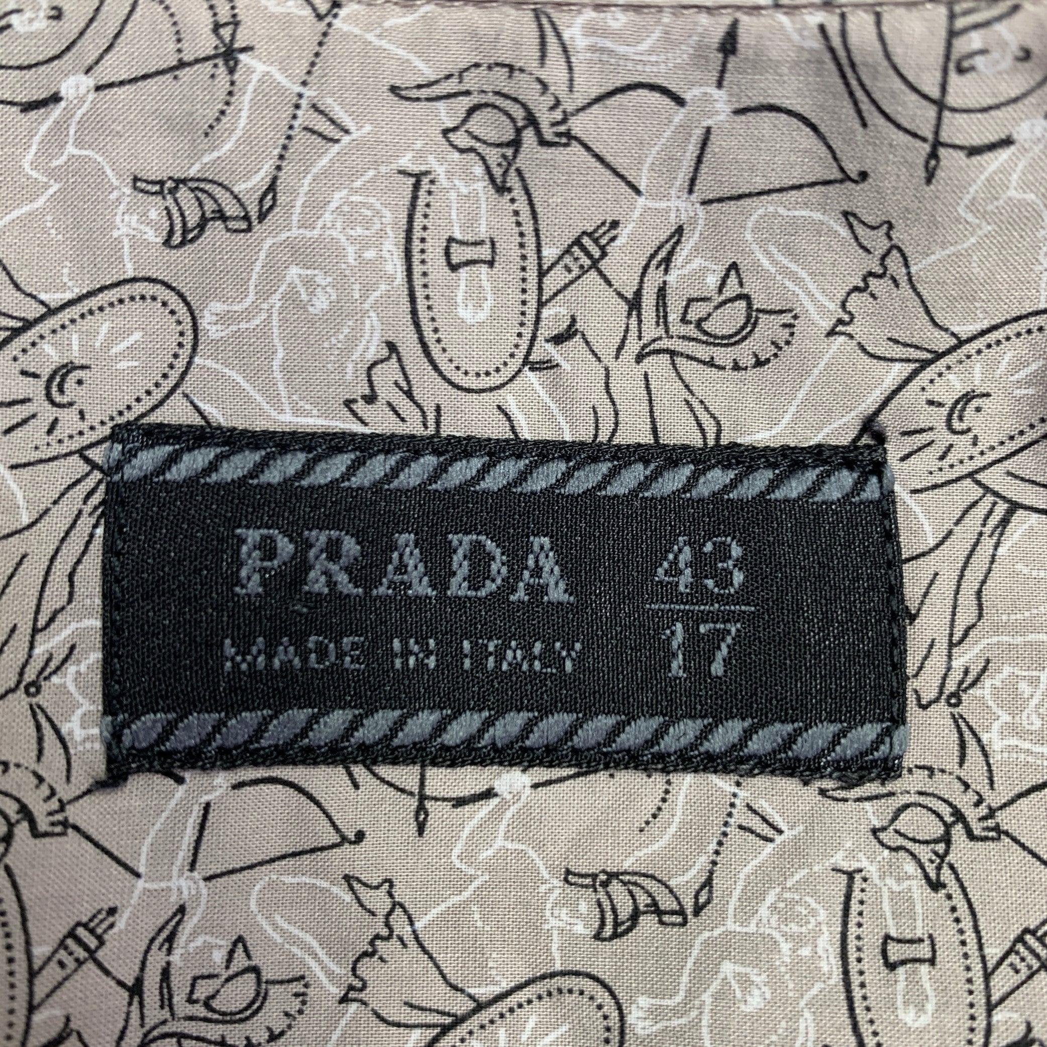 Men's PRADA Size XL Taupe Black Print Cotton Spread Collar Long Sleeve Shirt