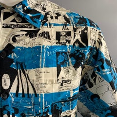 PRADA Size XS Blue Black & White Print Viscose Camp Short Sleeve Shirt