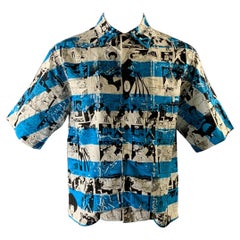 PRADA Size XS Blue Black & White Print Viscose Camp Short Sleeve Shirt