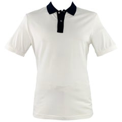 PRADA Polo blanc marine à bordure contrastée en piqué de coton, taille XXL