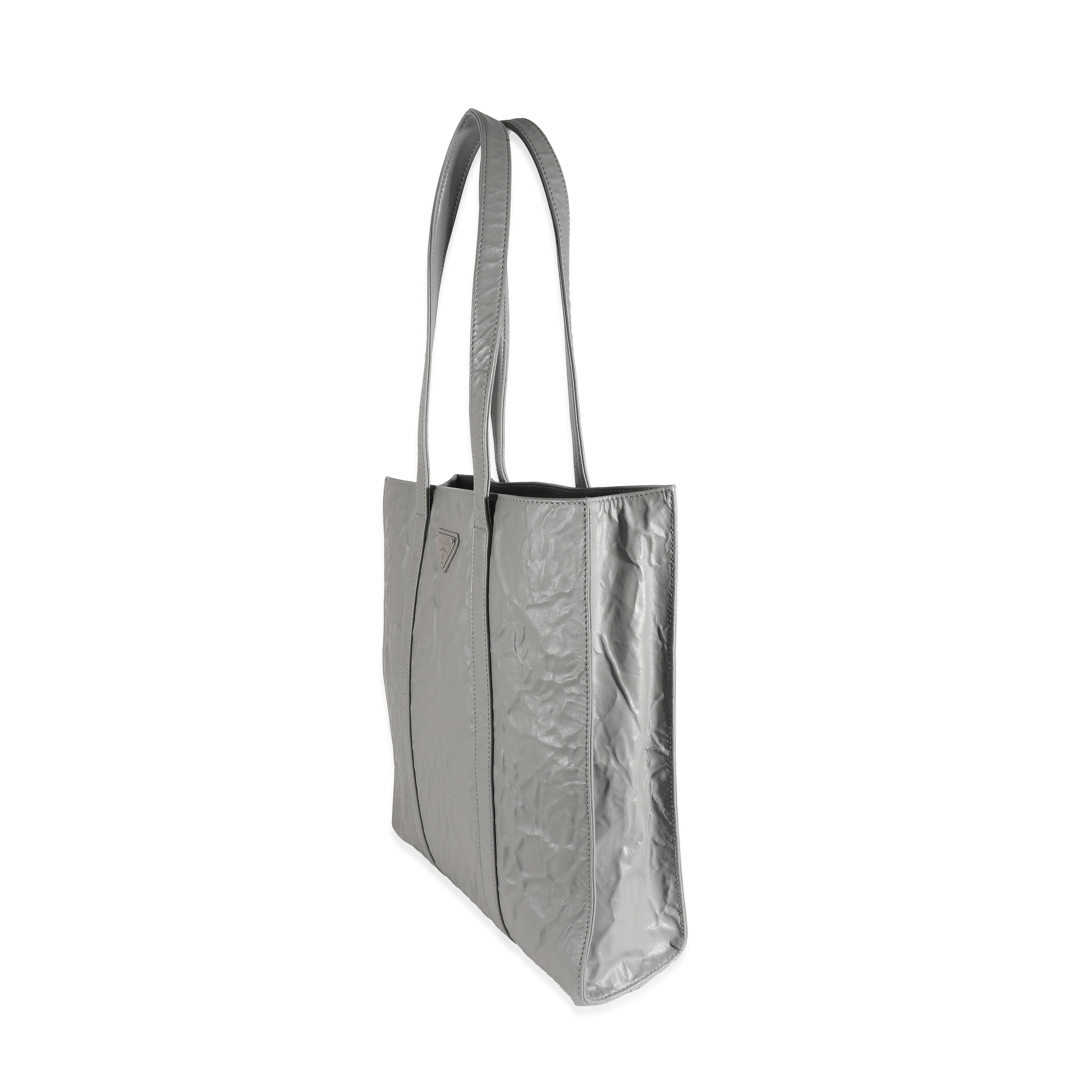 Prada Slate Grey Small Antique Nappa Tote In Excellent Condition For Sale In New York, NY