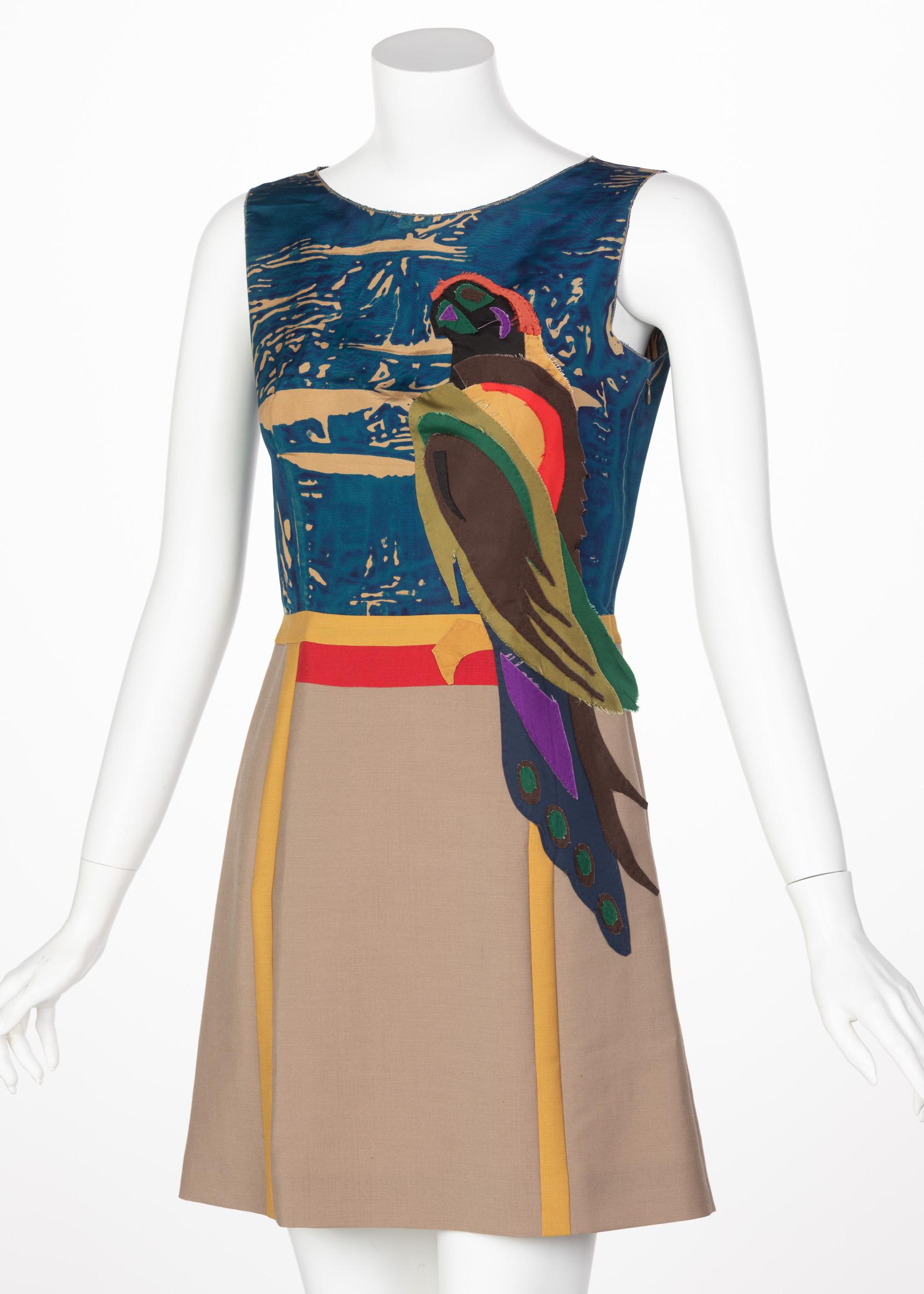 Brown Prada Sleeveless Silk Mohair Parrot Applique Dress Runway, 2005 For Sale