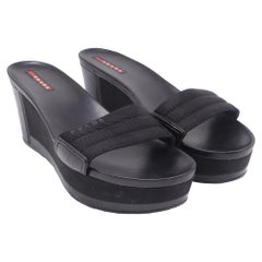 Prada Slip-On Wedge Sandals in Black Canvas