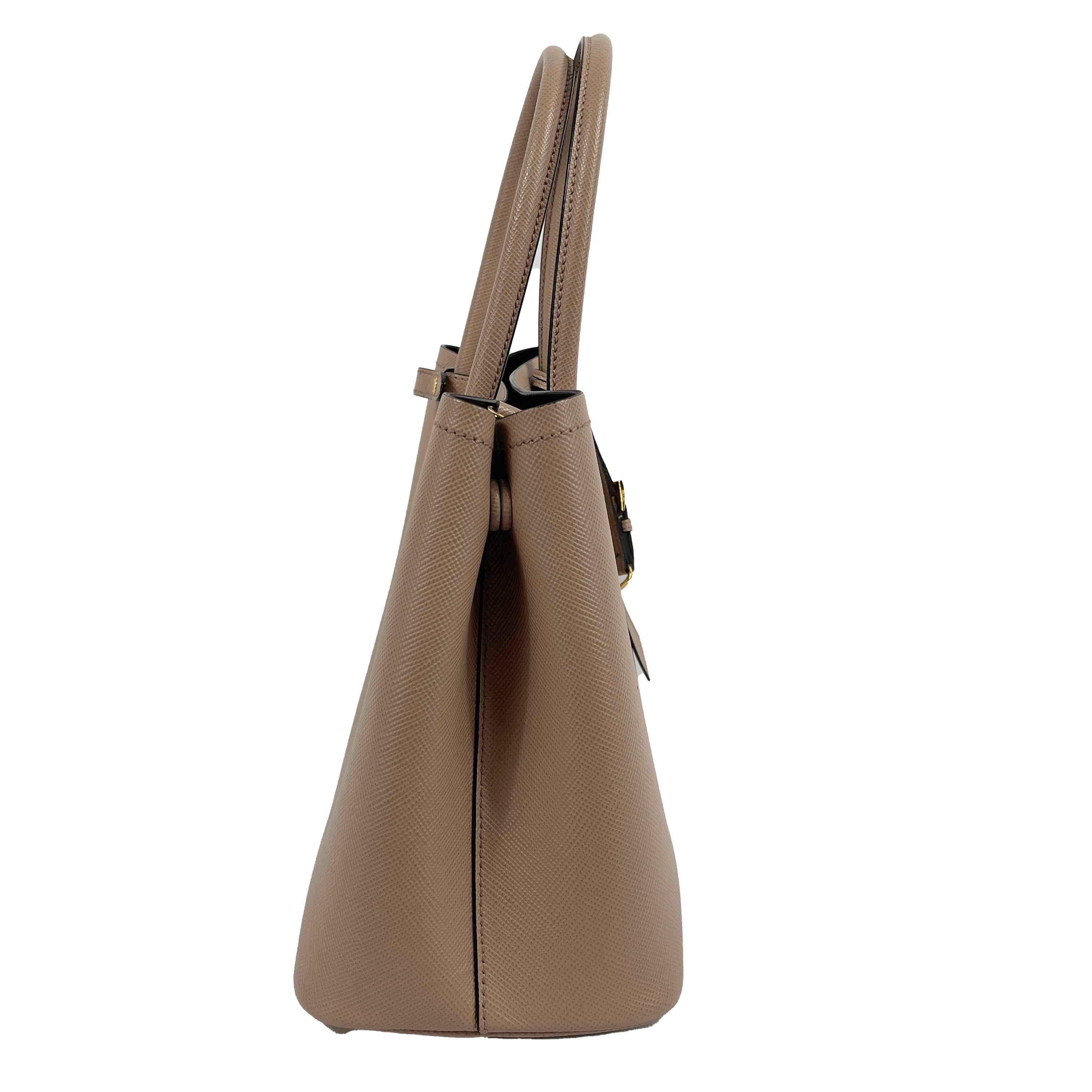 Prada - Small Saffiano Leather Double Bag Tote - Powder Pink / Black w/ Strap 5
