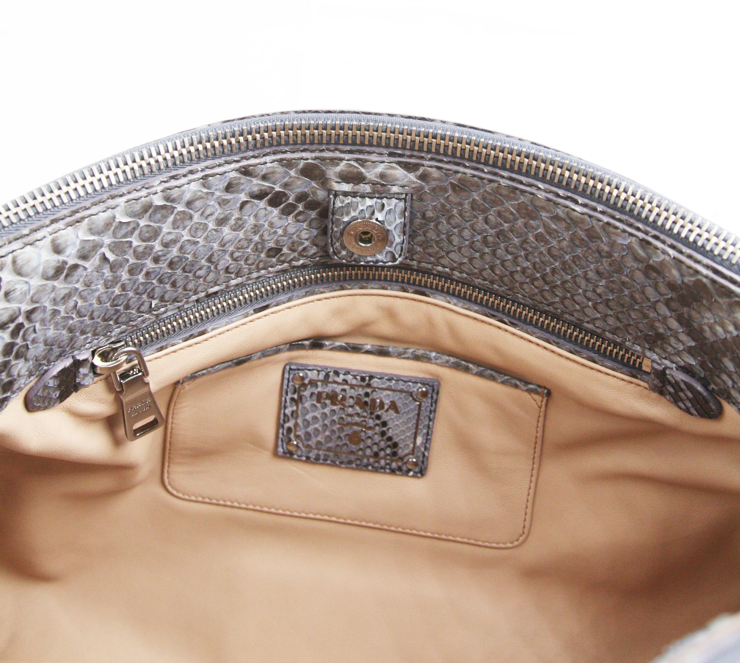 Gray Prada Snake Skin Tote Python Large Neutral Shoulder Bag For Sale
