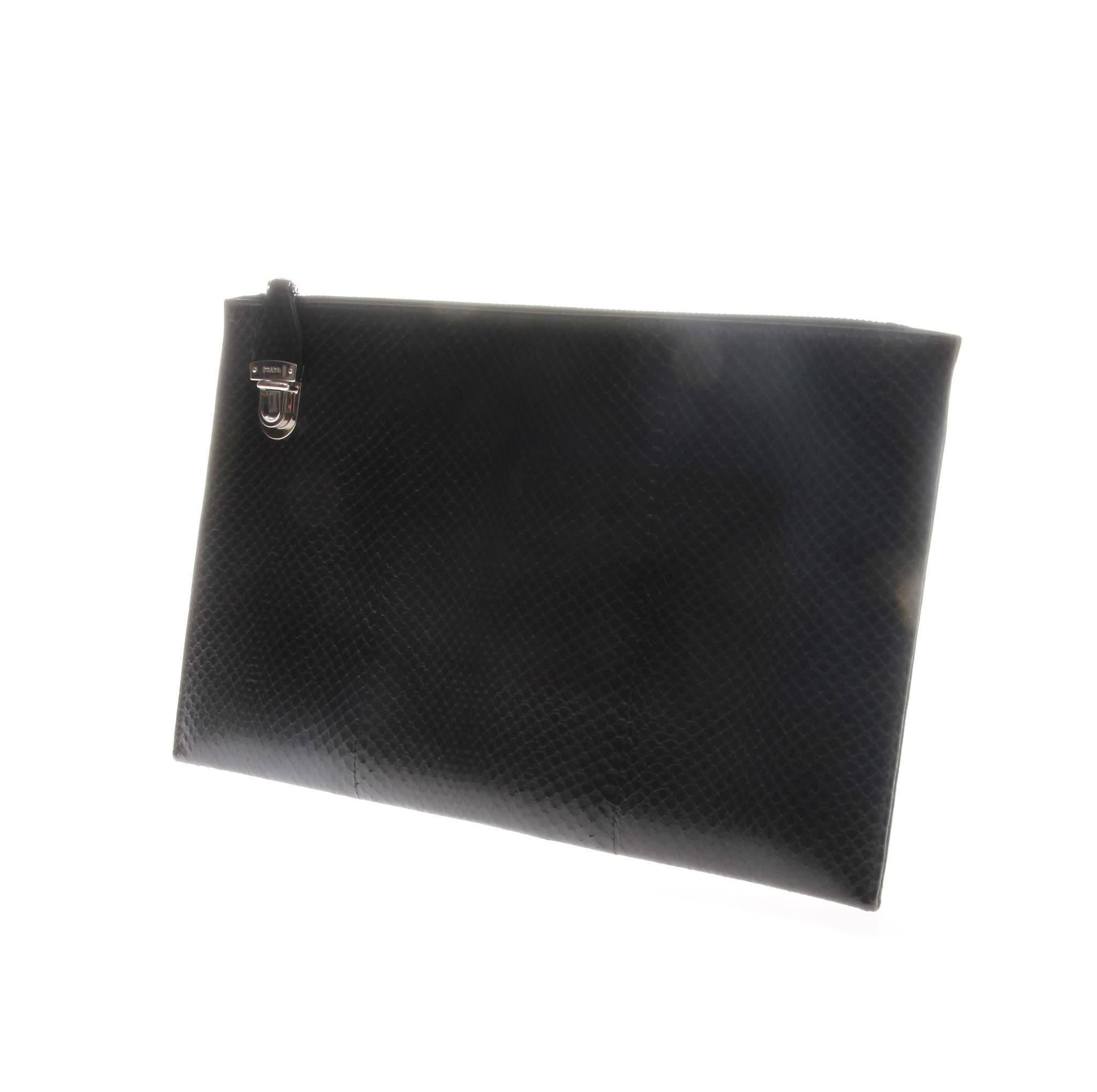 Prada black snakeskin-look leather document holder-type clutch/pouch. Silver-tone hardware with zipper closure to single compartment and branded push lock closure. 