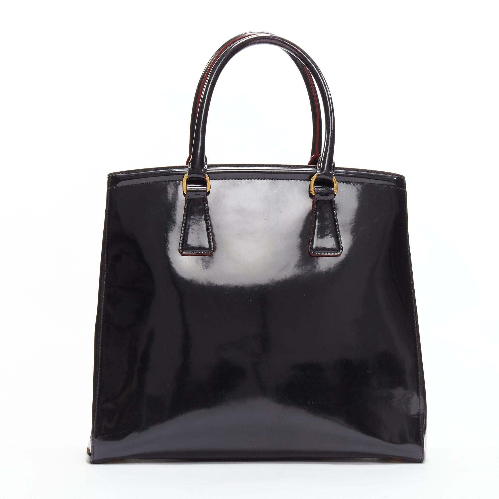 Women's PRADA Spazzolato Parabole black patent leather red edge tote tote