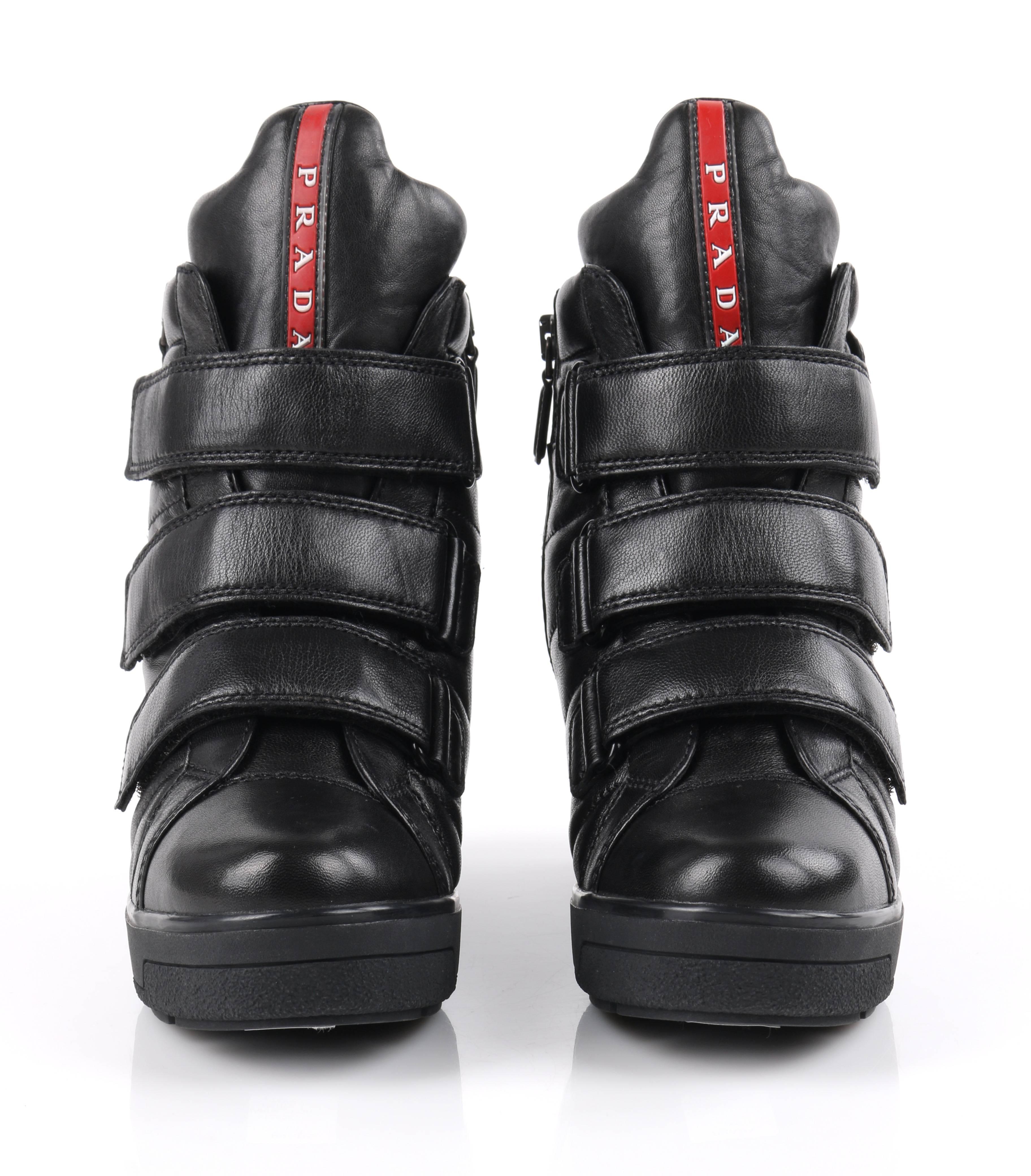 Women's PRADA Sport A/W 2013 Black Vitello Leather Triple Strap Hi Top Wedge Sneakers