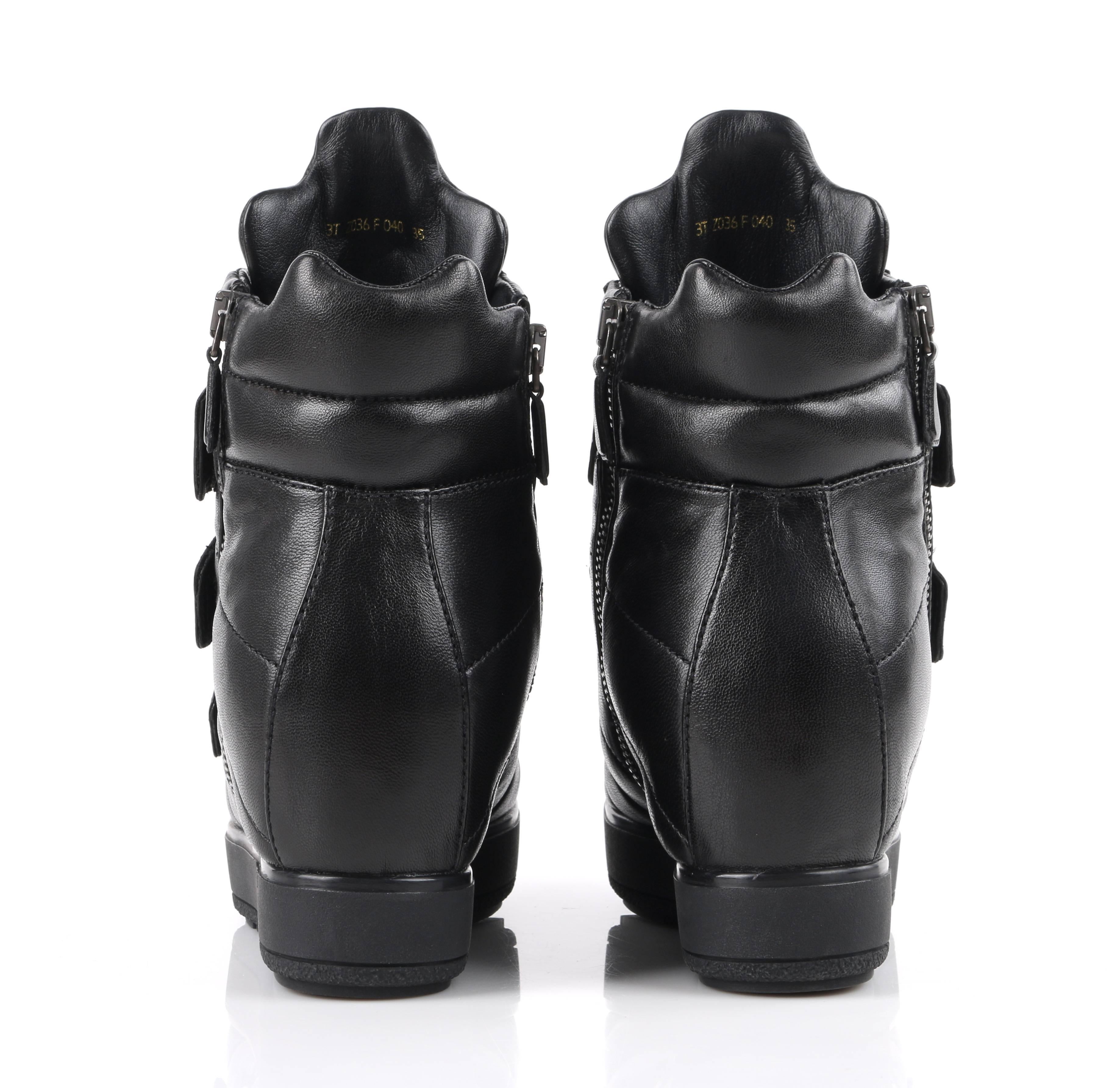 PRADA Sport A/W 2013 Black Vitello Leather Triple Strap Hi Top Wedge Sneakers 1