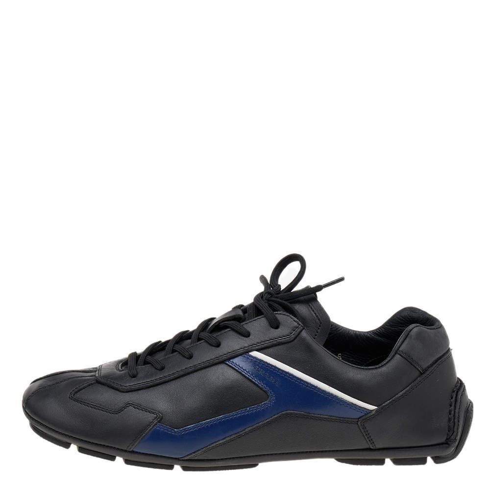 Prada Sport Black/Blue Leather Low Top Sneakers Size 42 For Sale 1