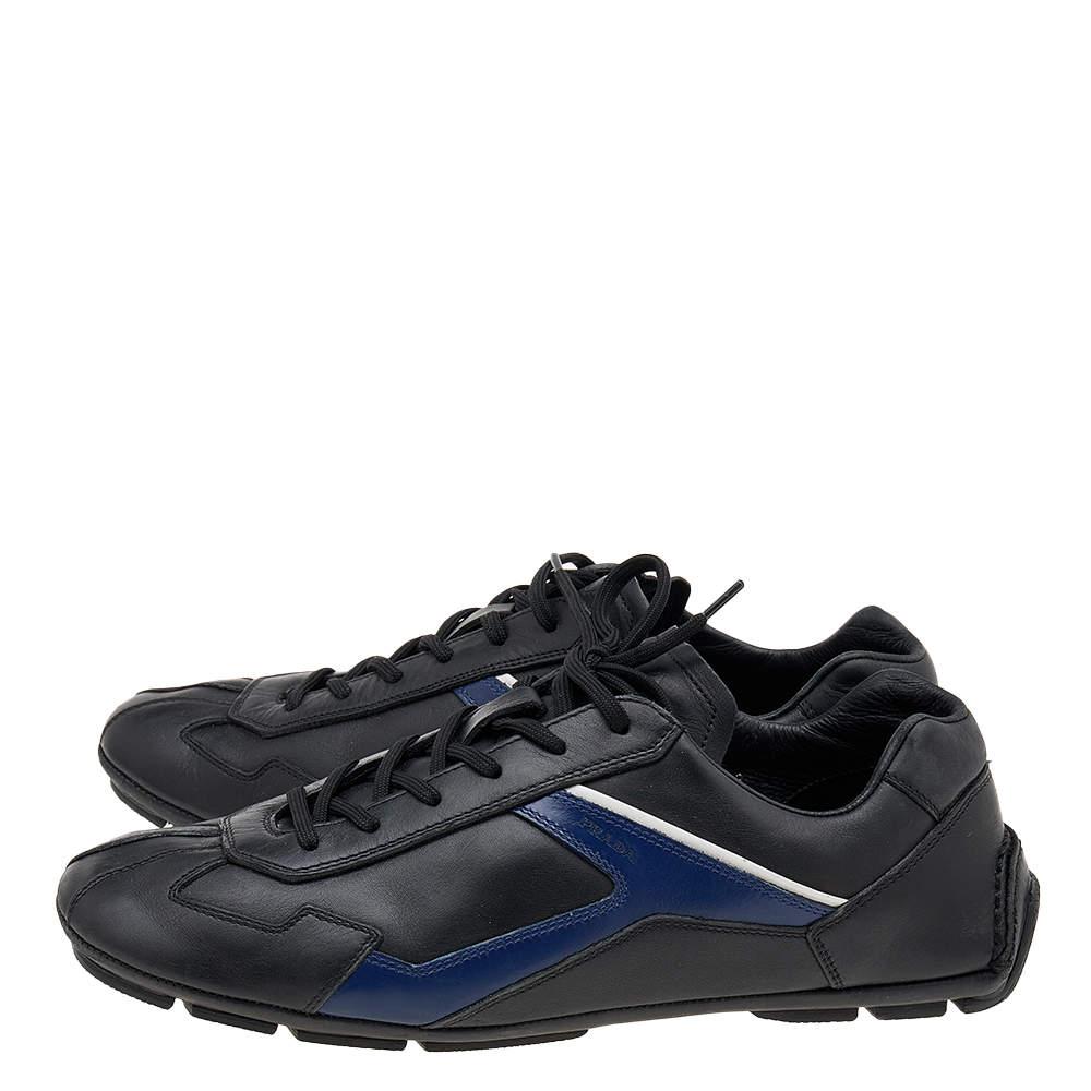 Prada Sport Black/Blue Leather Low Top Sneakers Size 42 For Sale 3