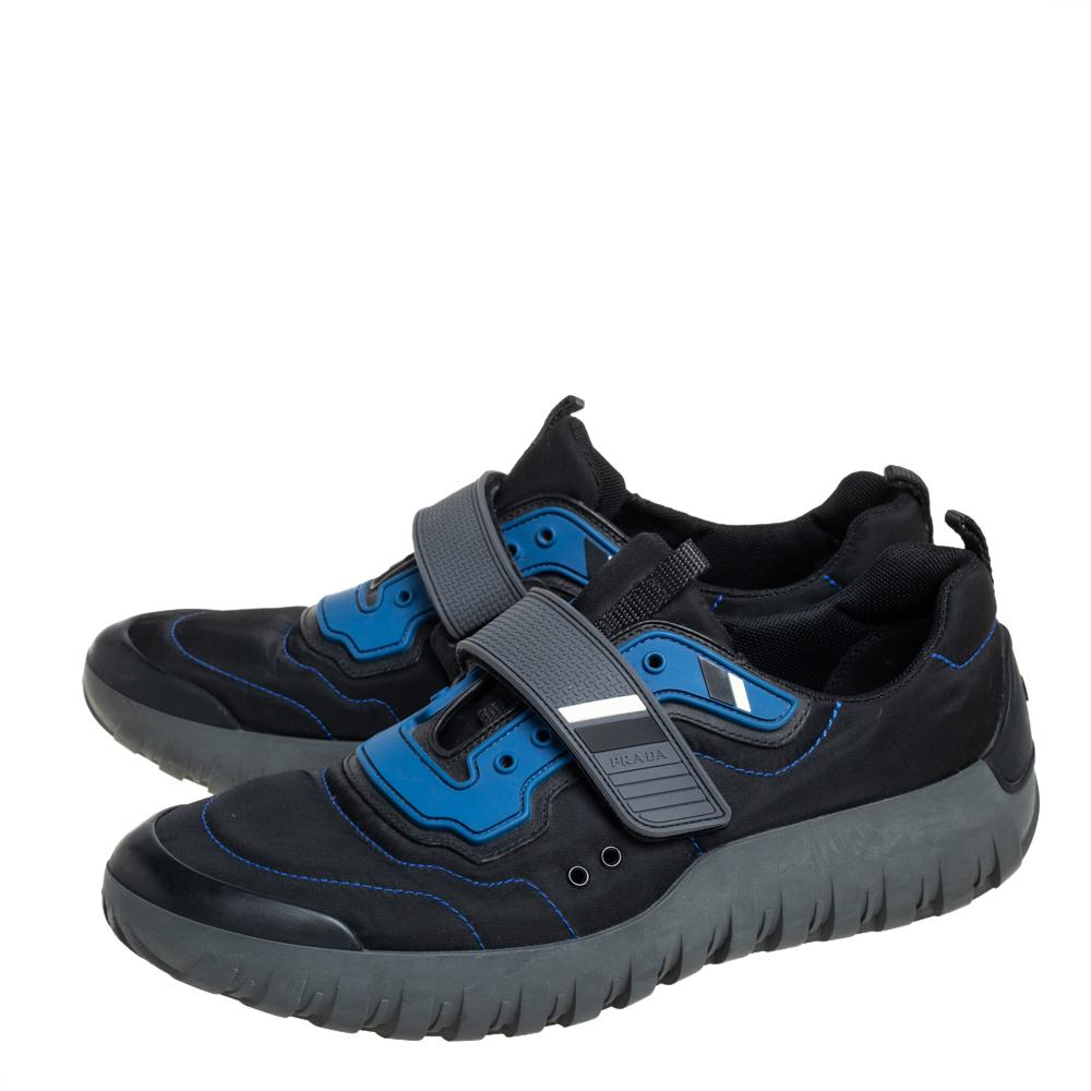 Prada Sport Black/Blue Nylon And Rubber Velcro Strap Low Top Sneakers Size  44 For Sale at 1stDibs