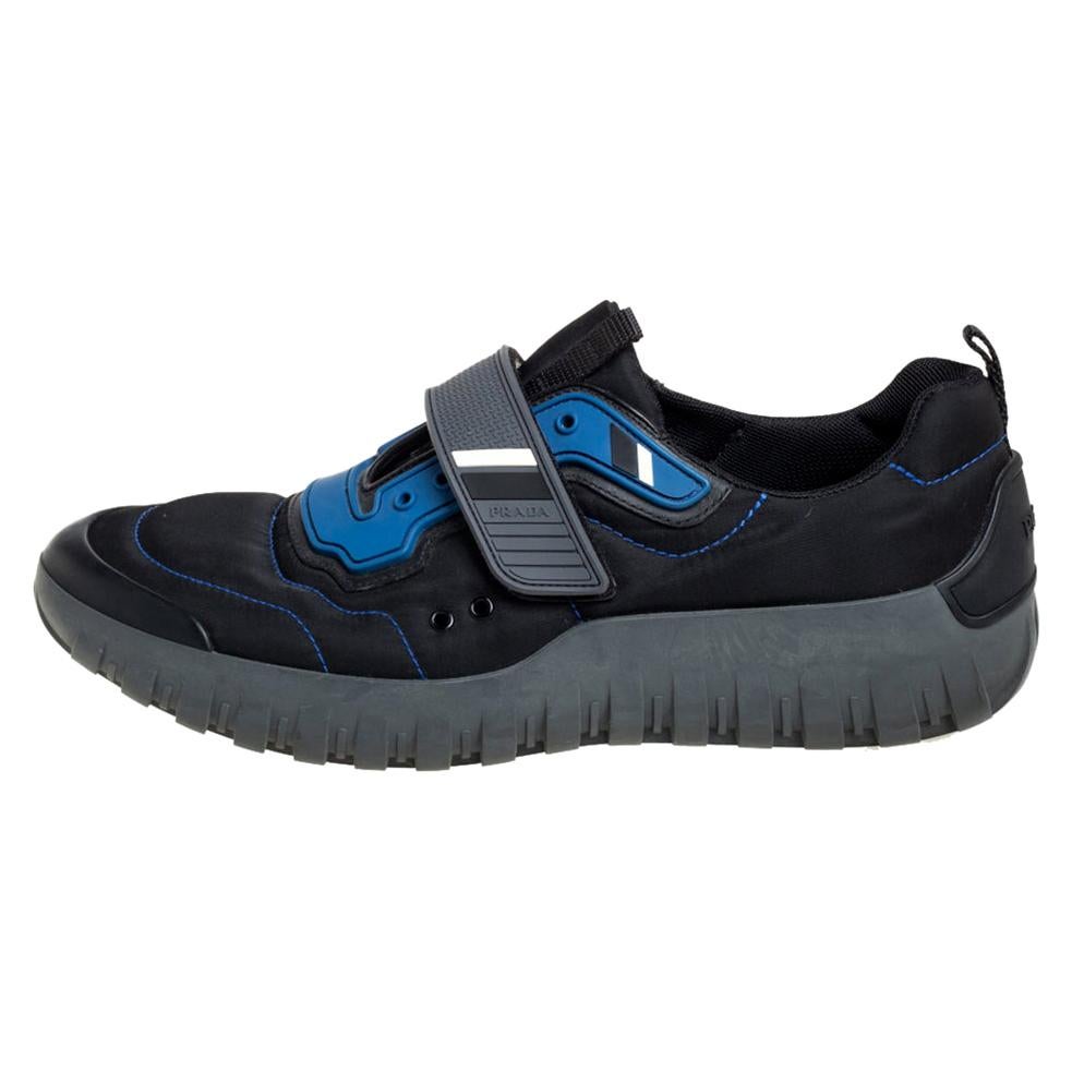 Prada Sport Black/Blue Nylon And Rubber Velcro Strap Low Top Sneakers Size  44 For Sale at 1stDibs
