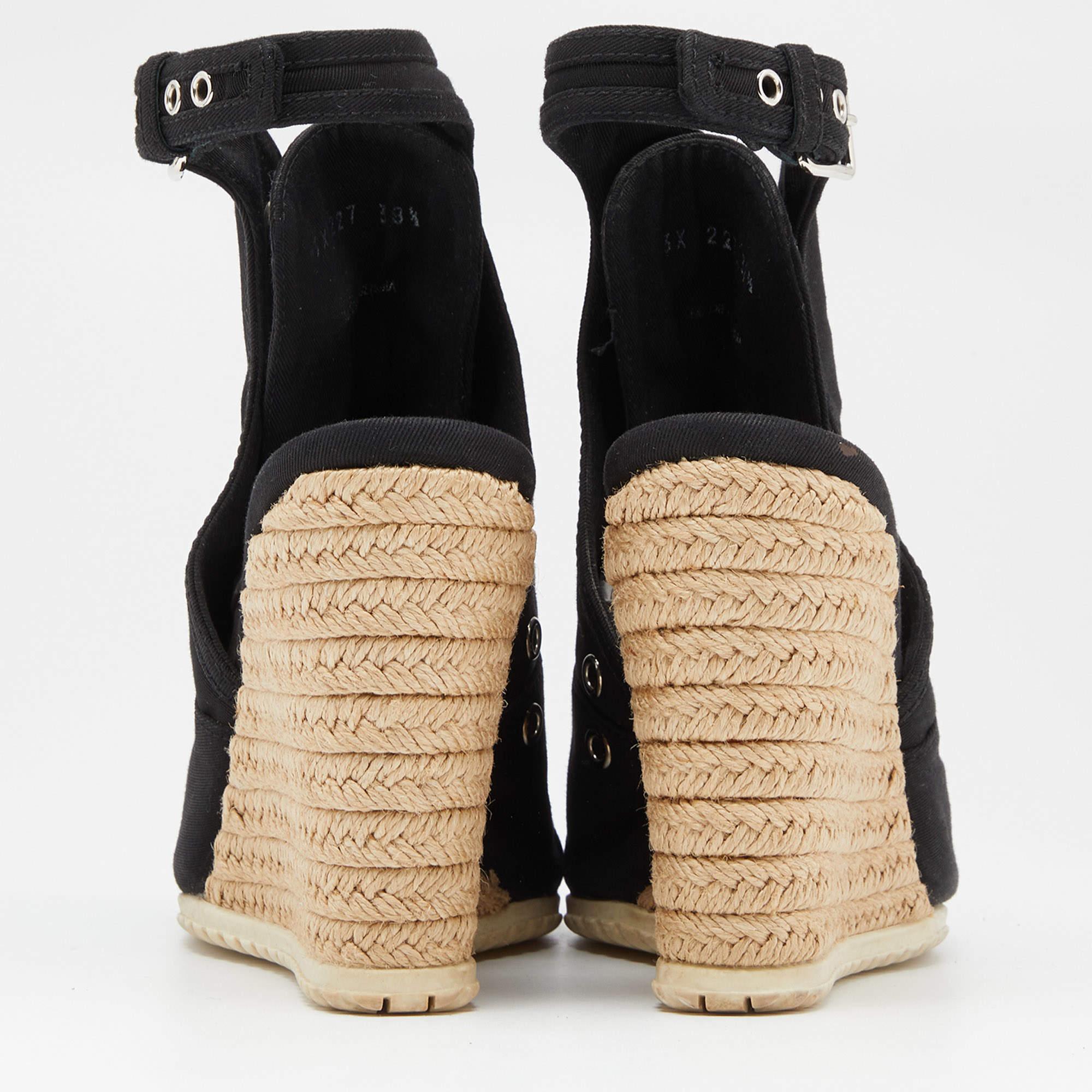 De las mujeres Prada Sport Sandalias de lona negra con alpargata y cuña tamaño 38.5 en venta