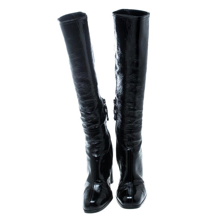 Prada Sport Black Crinkled Patent Leather Block Heel Knee Boots Size 36.5  For Sale at 1stDibs