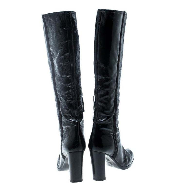 Prada Sport Black Crinkled Patent Leather Block Heel Knee Boots Size 36 ...