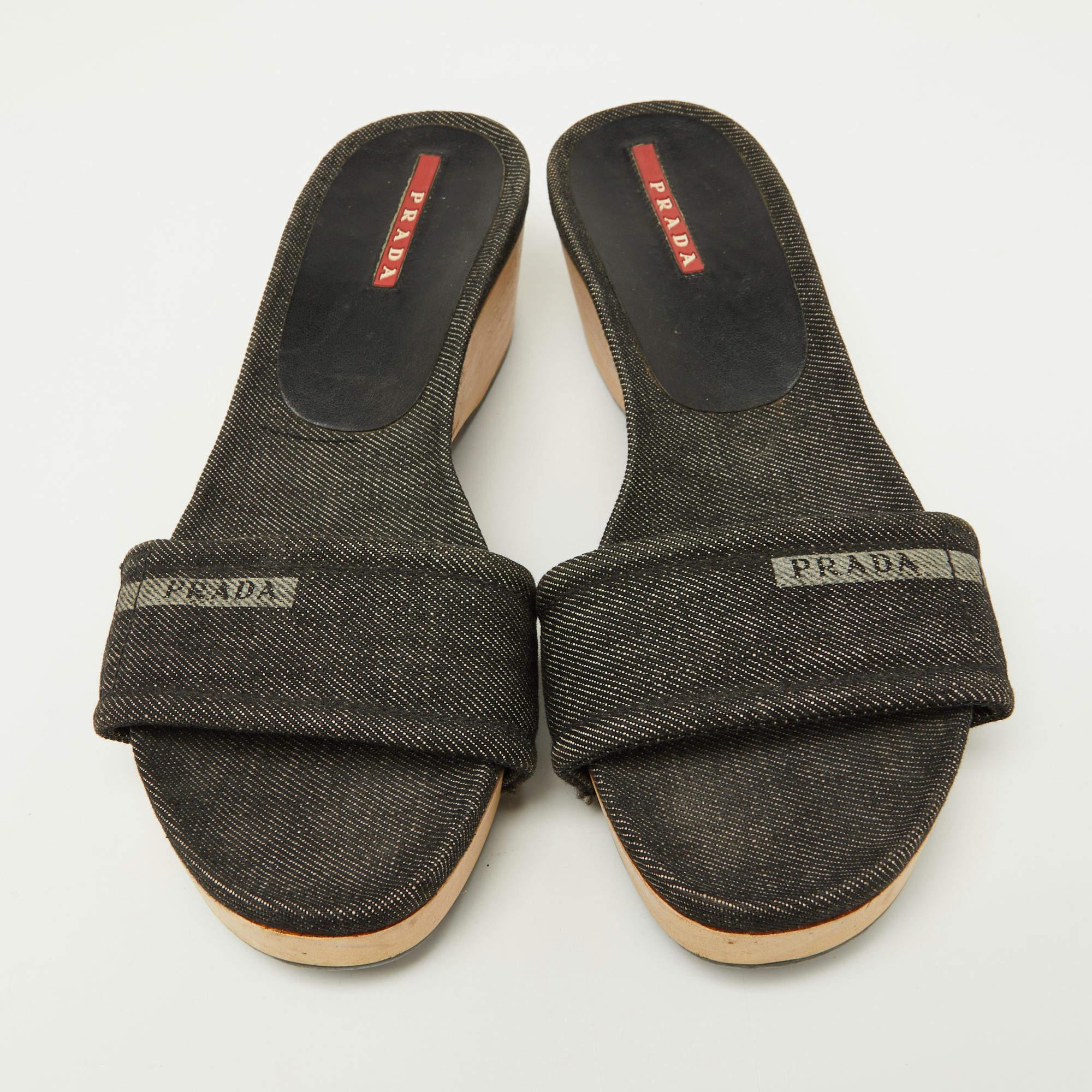 Prada Sport Black Denim Wedge Slide Sandals Size 37 In Good Condition In Dubai, Al Qouz 2
