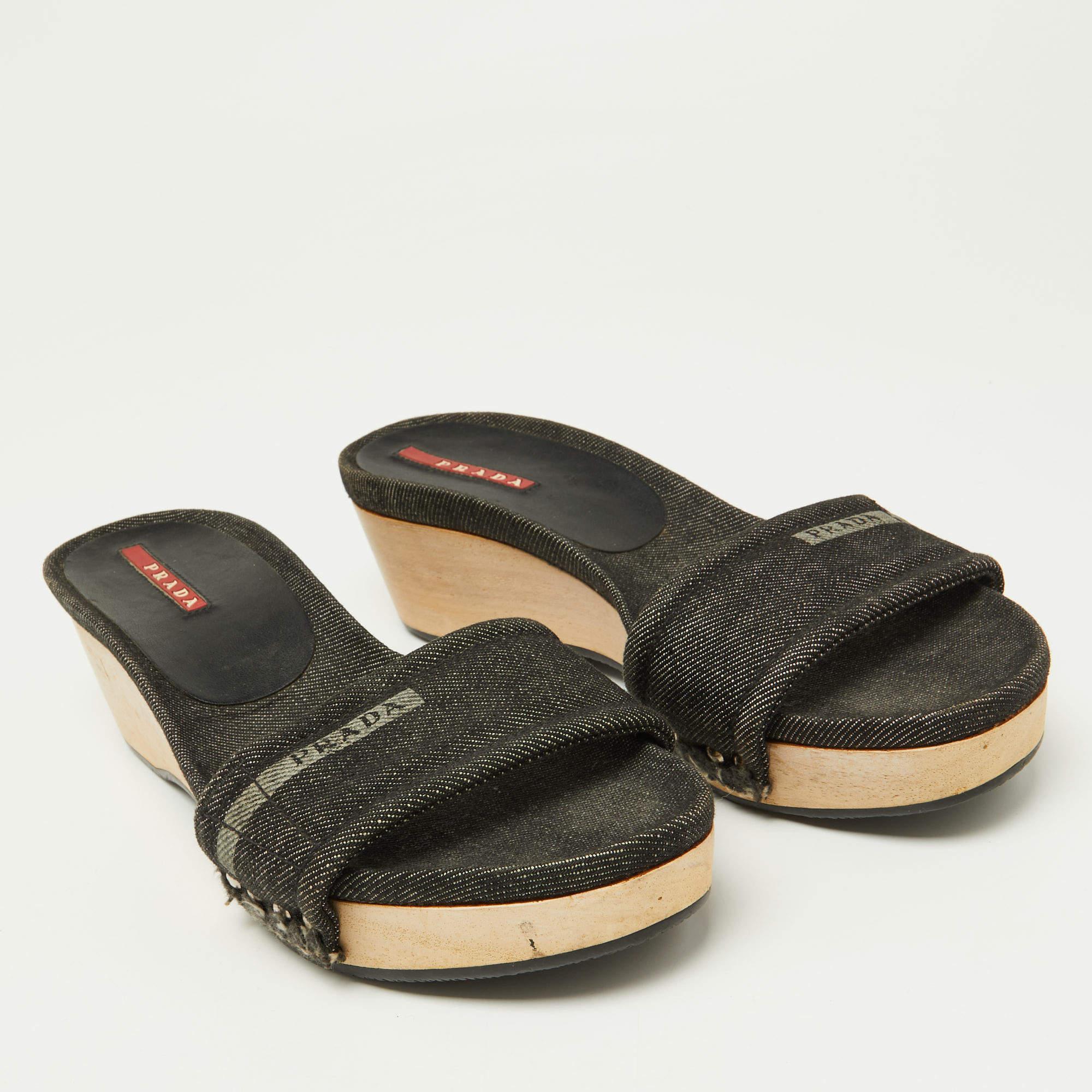 Women's Prada Sport Black Denim Wedge Slide Sandals Size 37