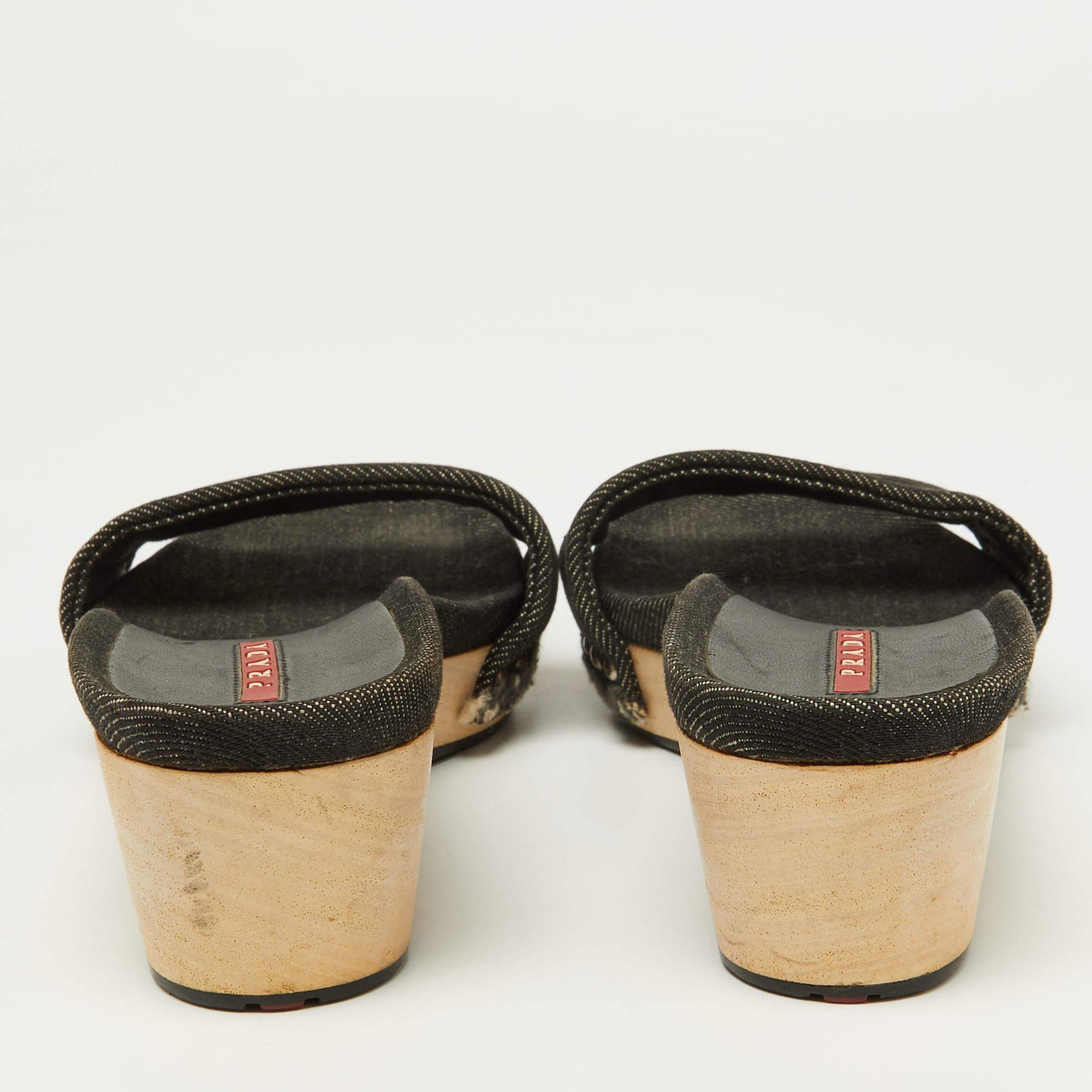 Prada Sport Black Denim Wedge Slide Sandals Size 37 1