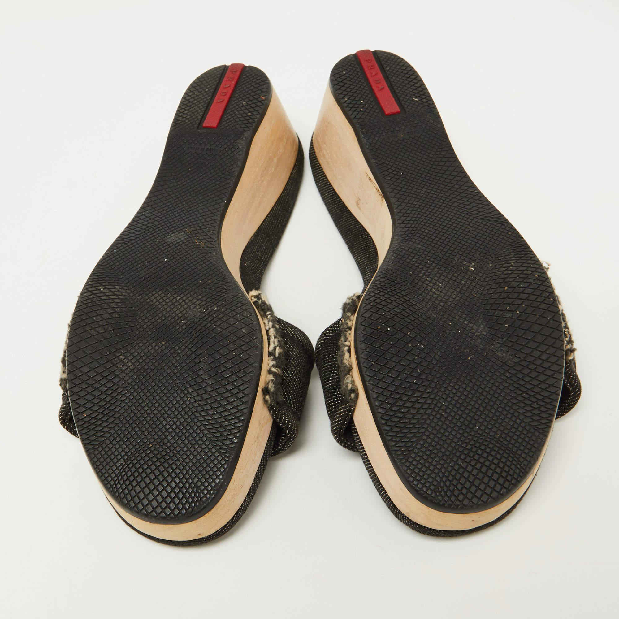 Prada Sport Black Denim Wedge Slide Sandals Size 37 2