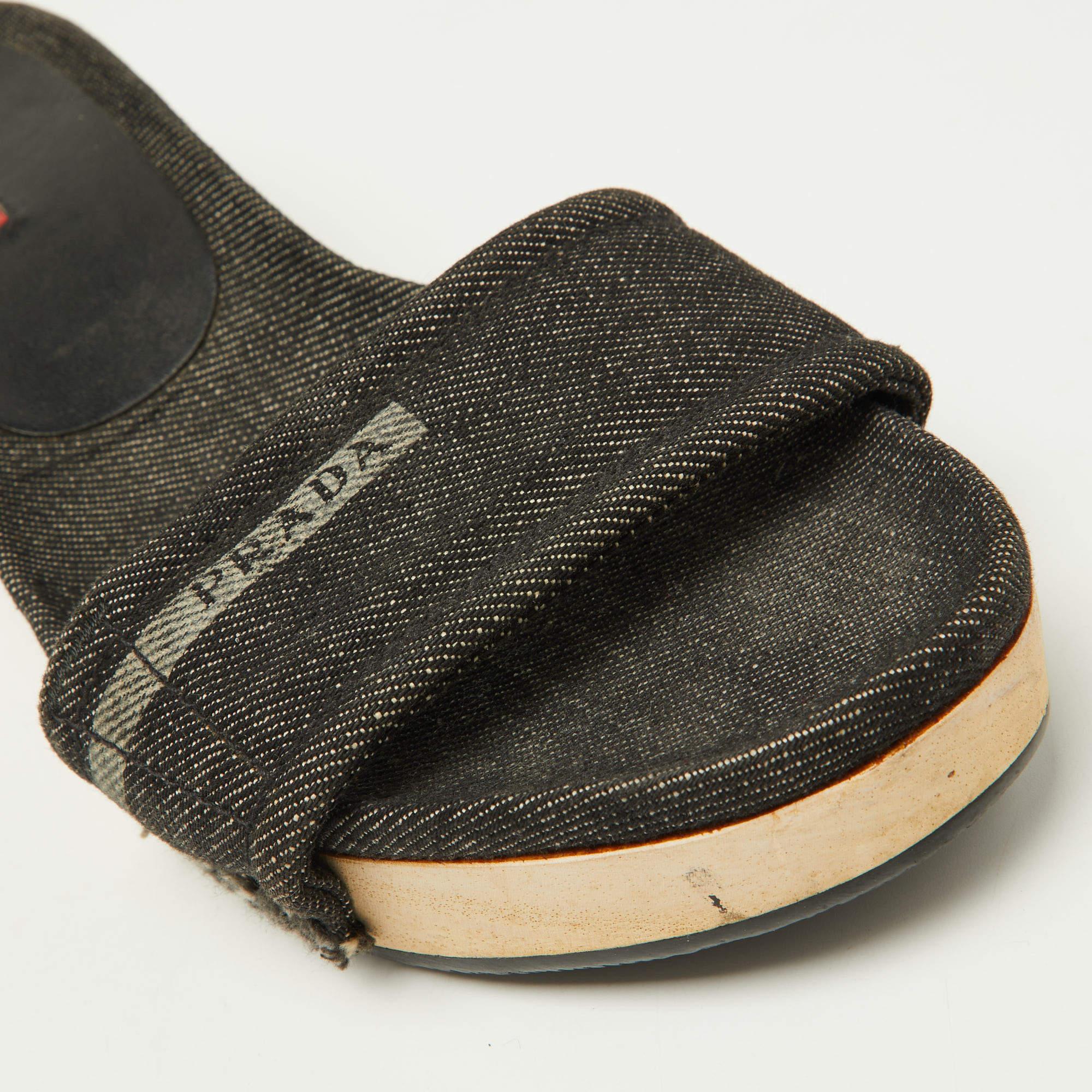 Prada Sport Black Denim Wedge Slide Sandals Size 37 3