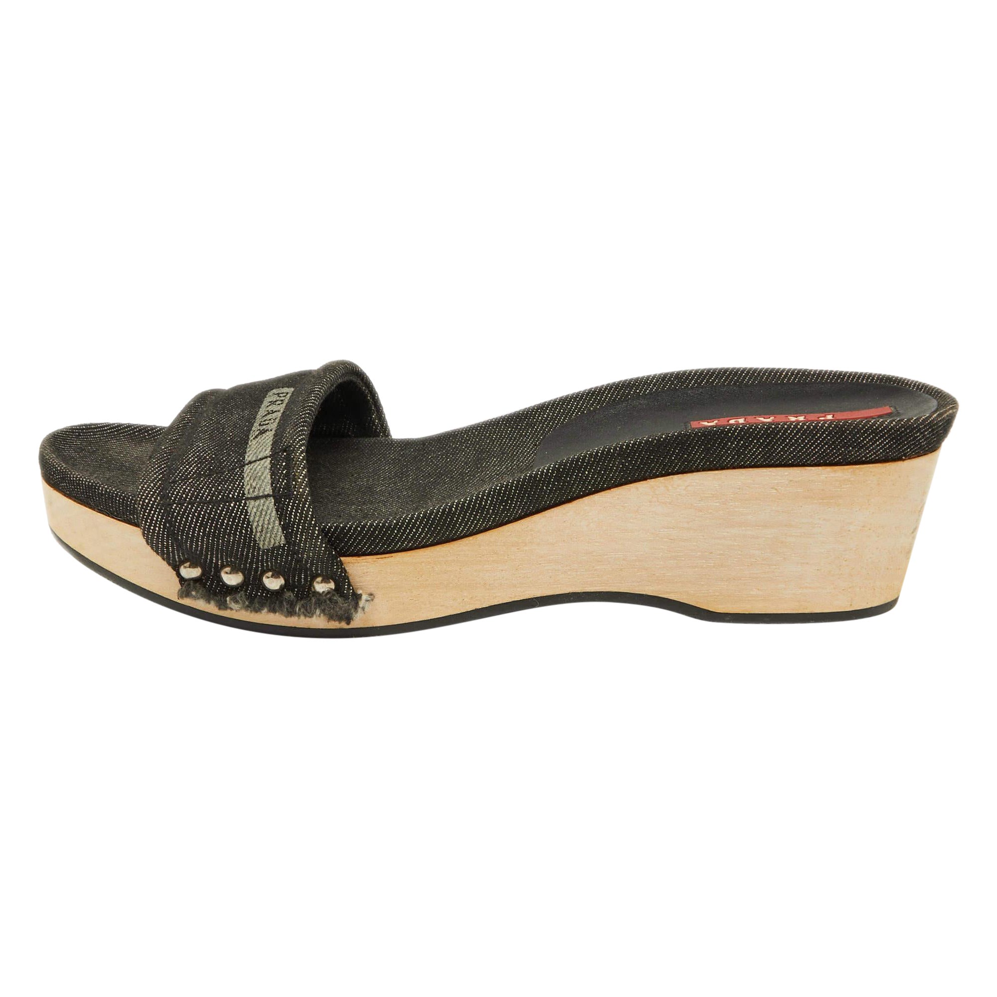 Prada Sport Black Denim Wedge Slide Sandals Size 37